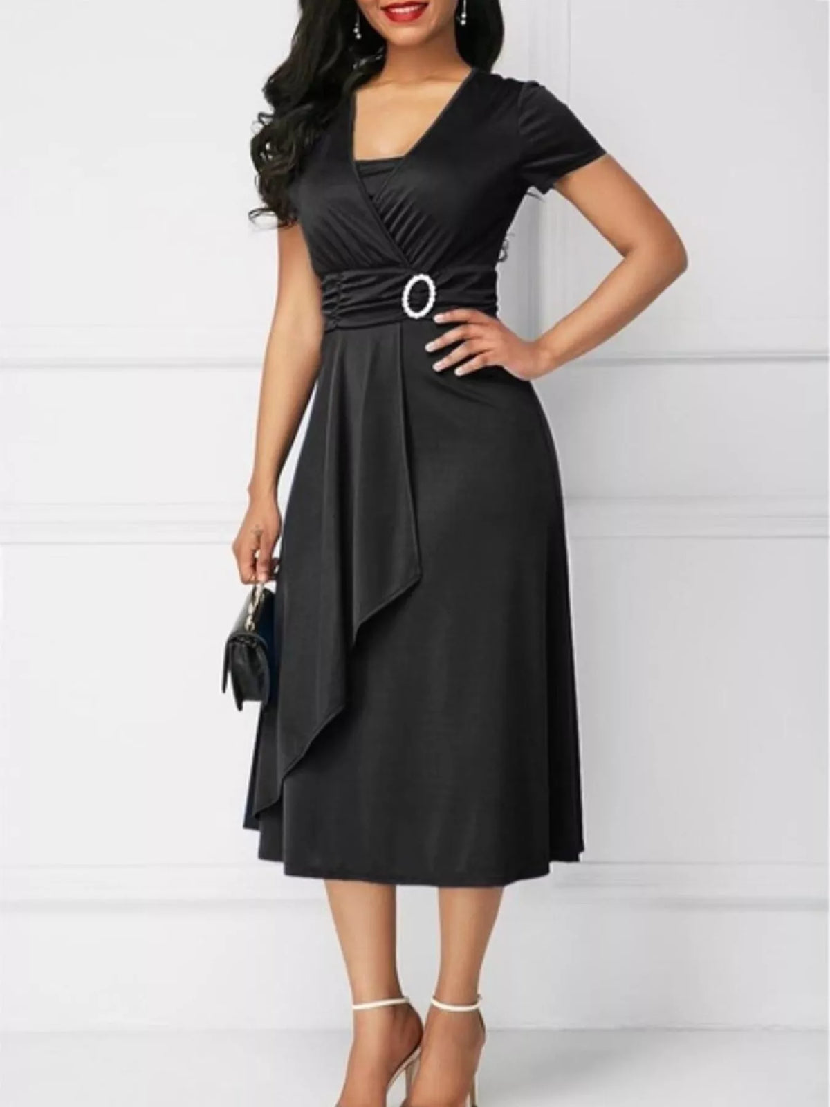 full size decorative buckle short sleeve dress plus | dropsona - neutral - front view