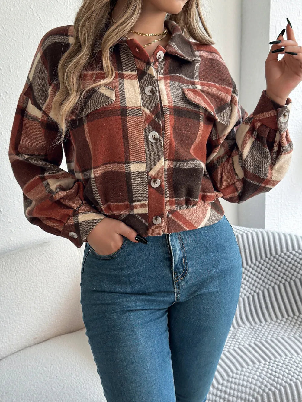 plaid button up long sleeve jacket – buttoned | dropsona - neutral - material texture