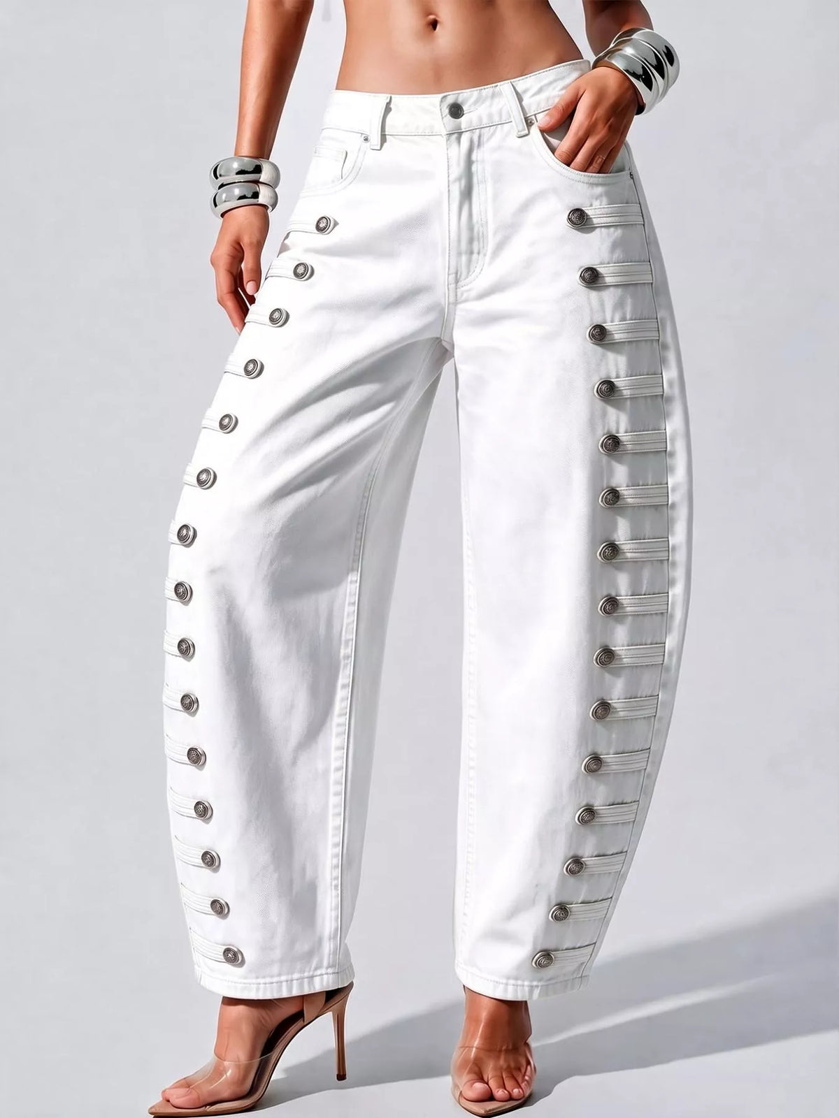 decorative button wide leg jeans – buttoned,pocketed | dropsona - neutral - front view