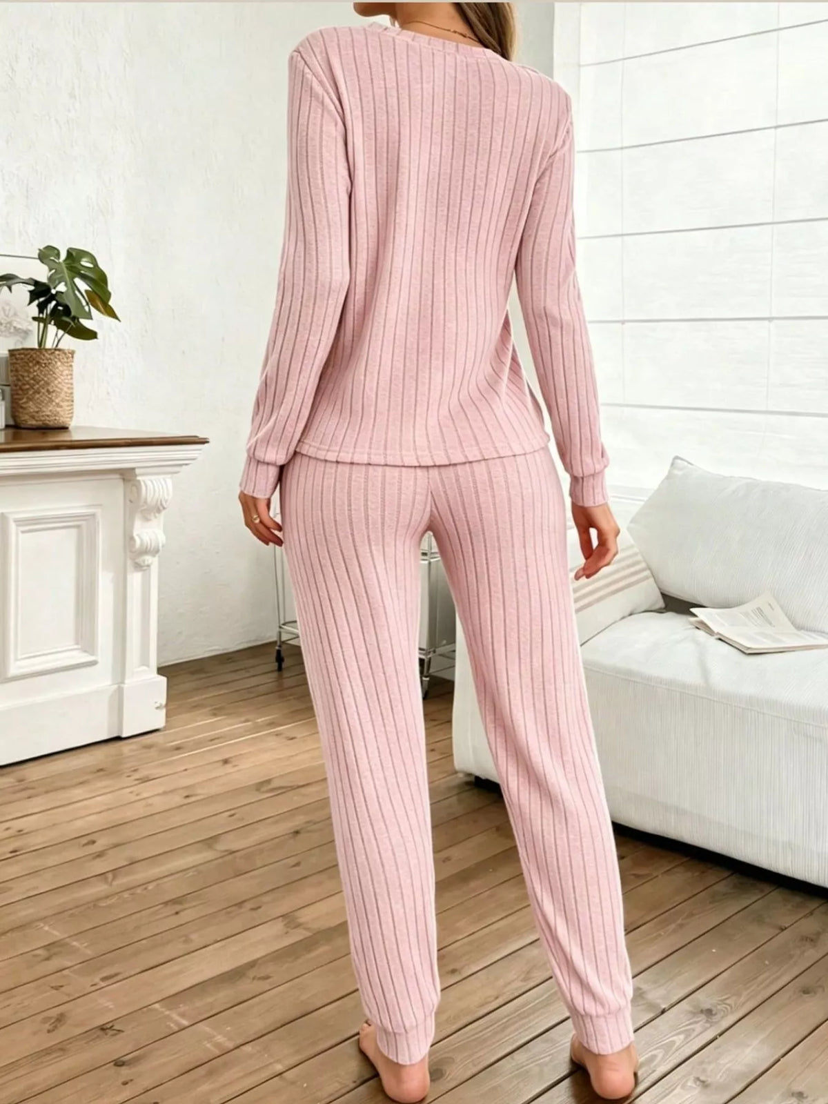 ribbed knit long sleeve top and pants loungewear set | dropsona - neutral - close-up detail