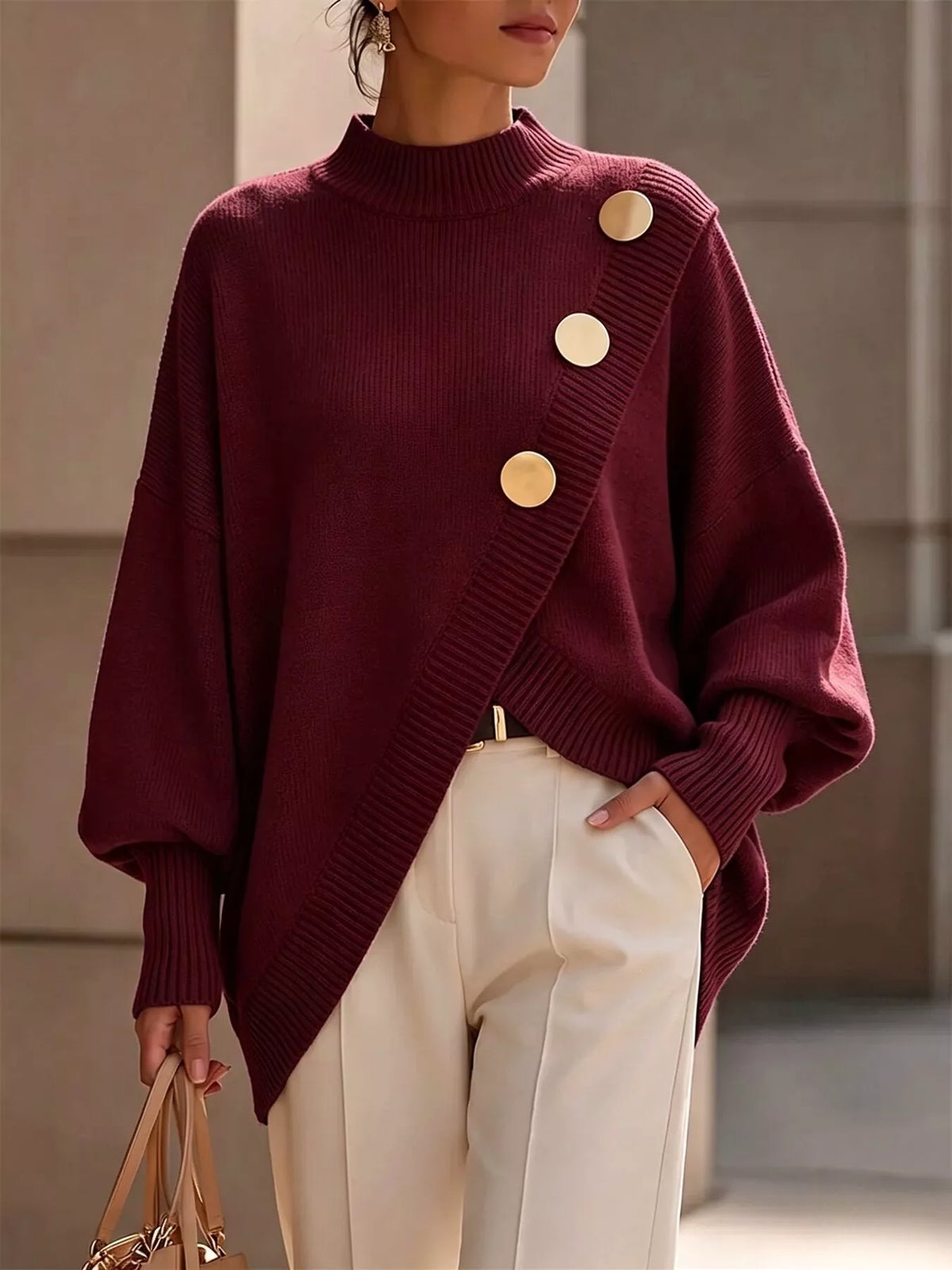 asymmetric button-decorated sweater | dropsona - neutral - close-up detail