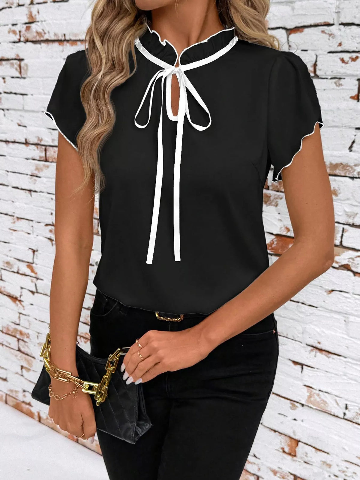 contrast trim ruffle sleeve tie-front blouse | dropsona - neutral - size reference