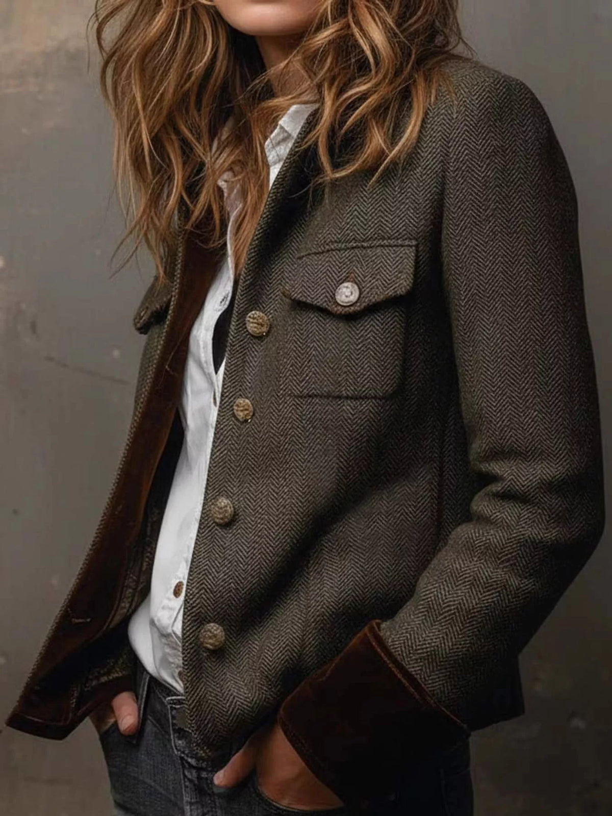 full size vintage herringbone tweed blazer with | dropsona - neutral - front view
