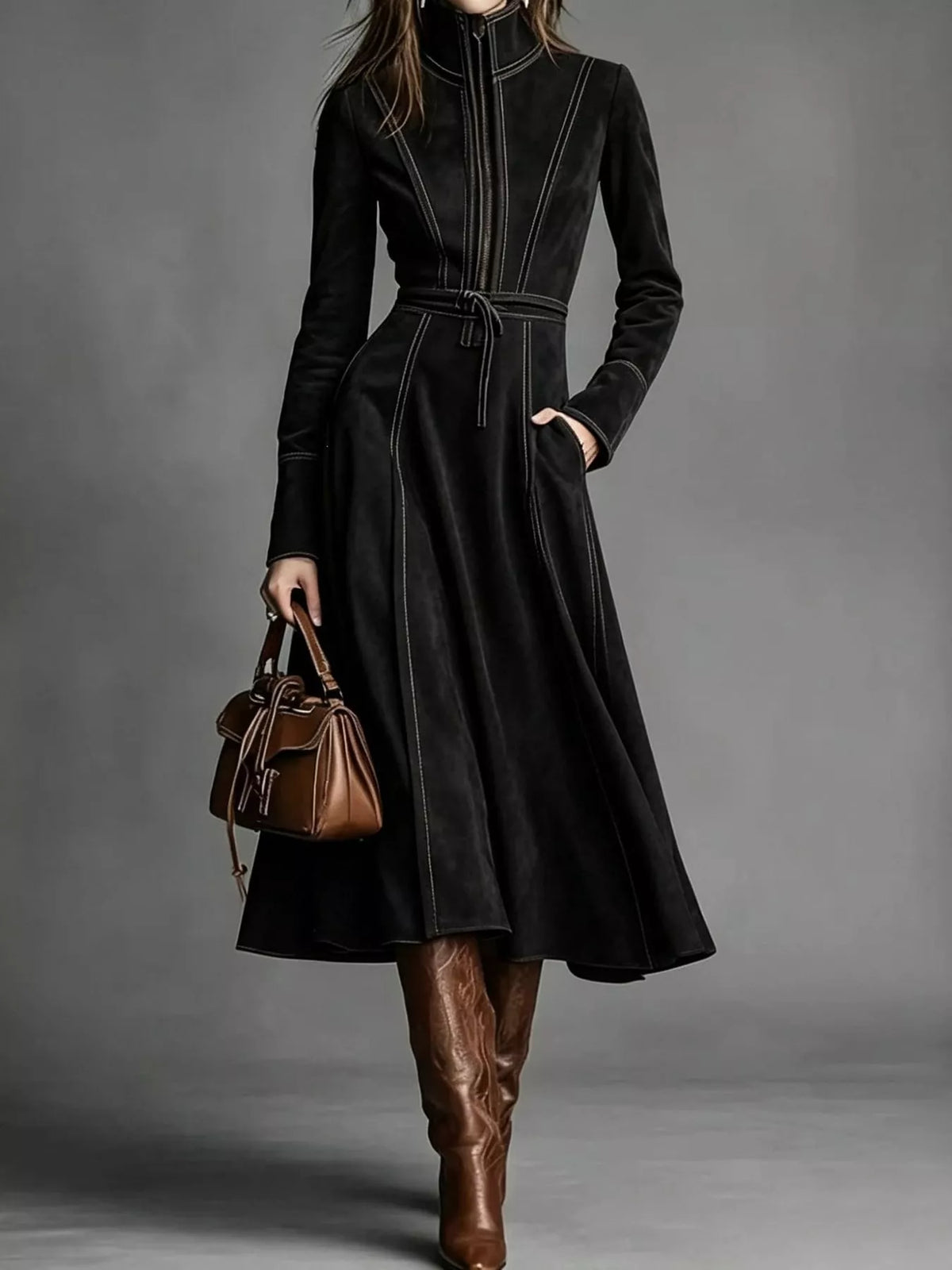 full size zipper front midi dress plus | dropsona - neutral - front view