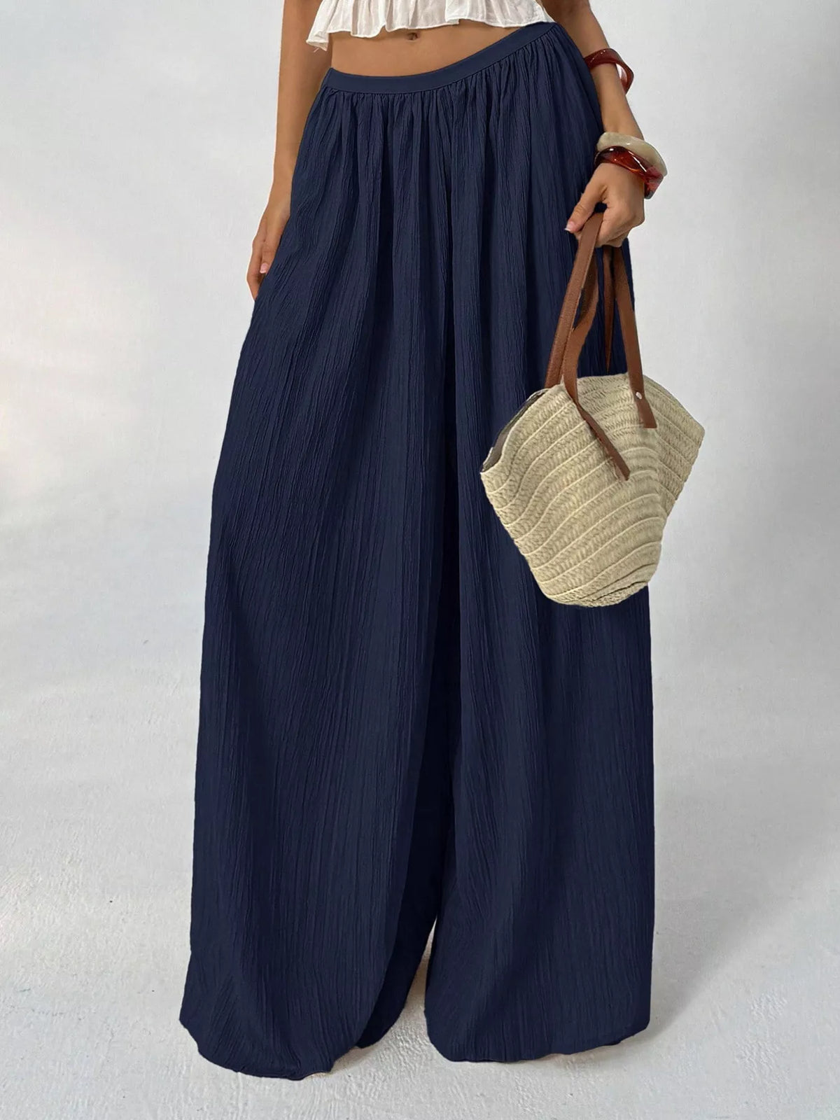 high-waisted wide-leg pleated casual pants | dropsona - neutral - close-up detail