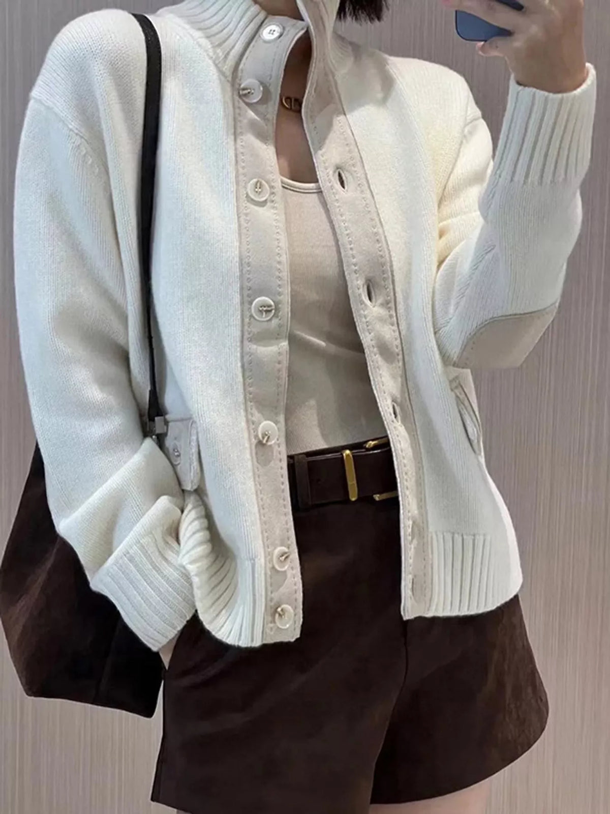 ribbed-knit mock neck cardigan – buttoned,pocketed fit | dropsona - neutral - everyday use