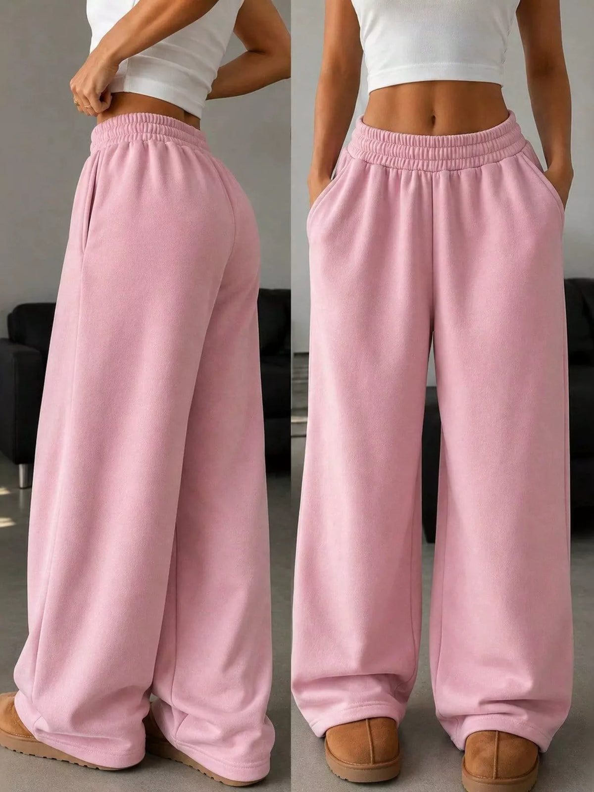 elastic waist wide-leg sweatpants – pocketed | dropsona - neutral - packaging
