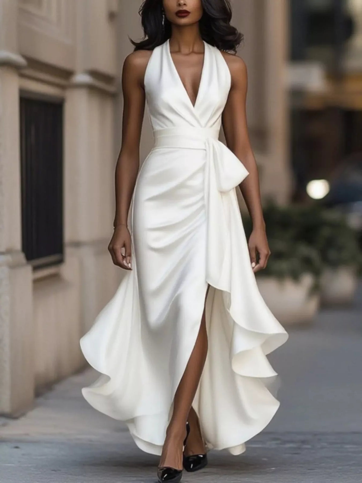 full size high-low ruffled satin maxi dress plus | dropsona - neutral - front view