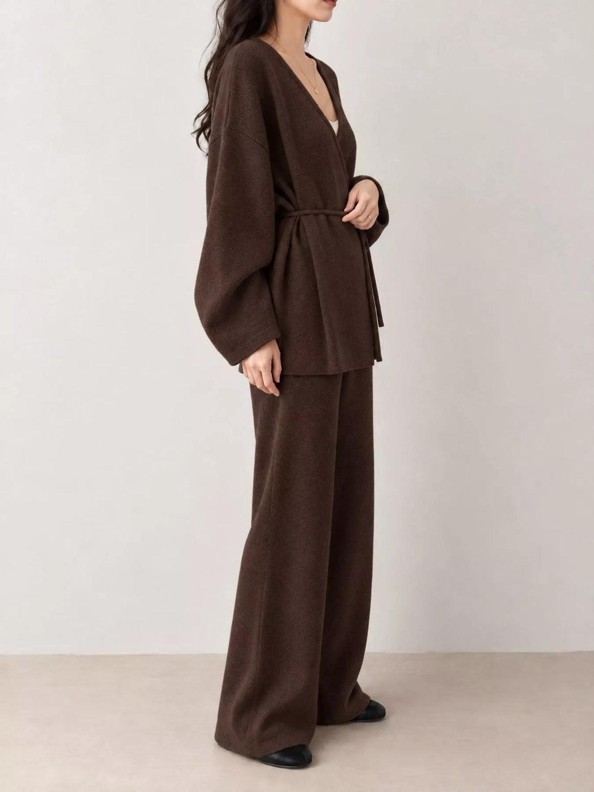 v-neck tied wrap cardigan and wide-leg pants sweater | dropsona - neutral - usage example