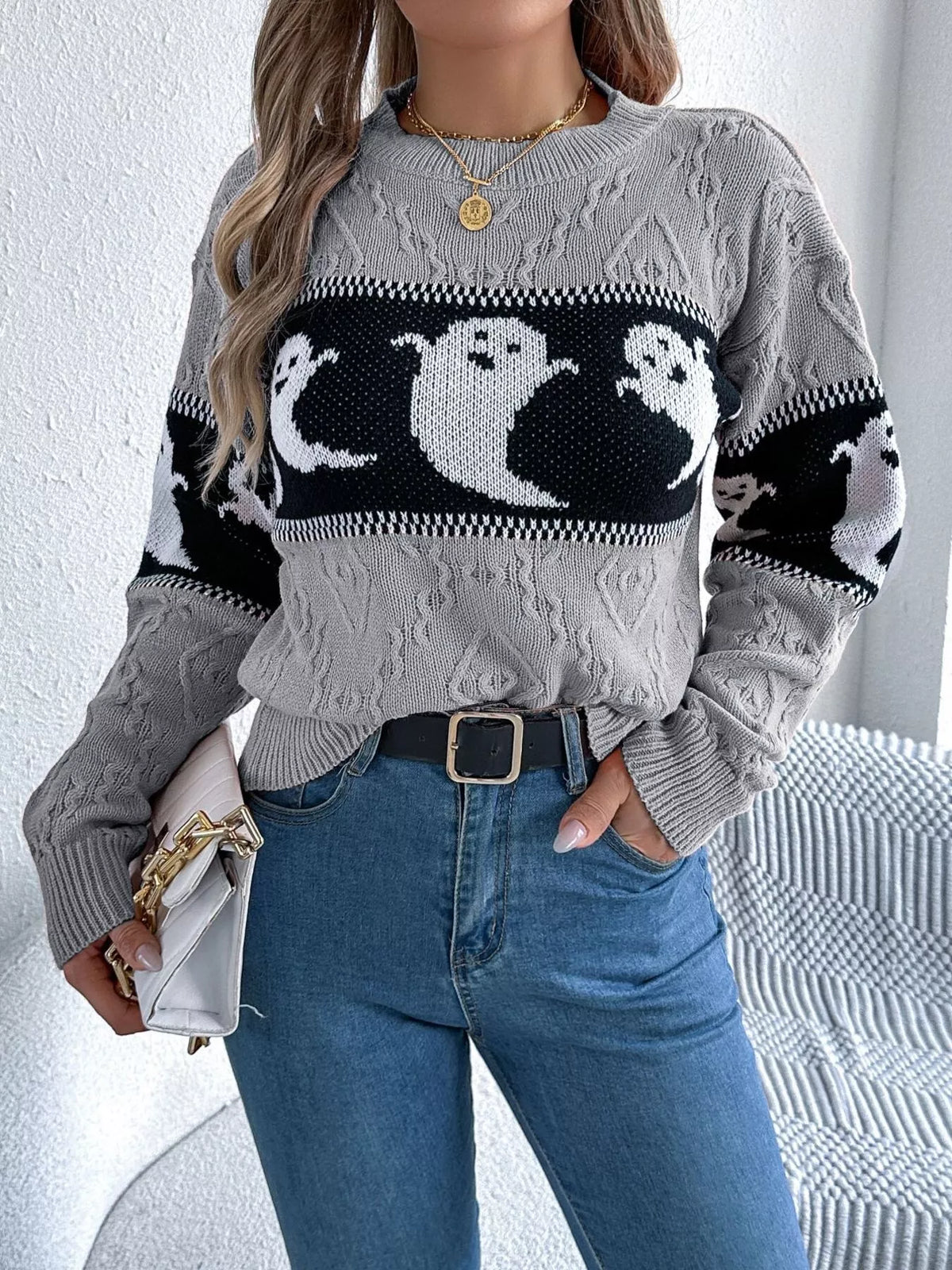 halloween ghost pattern textured sweater – cable-knit | dropsona - neutral - front view