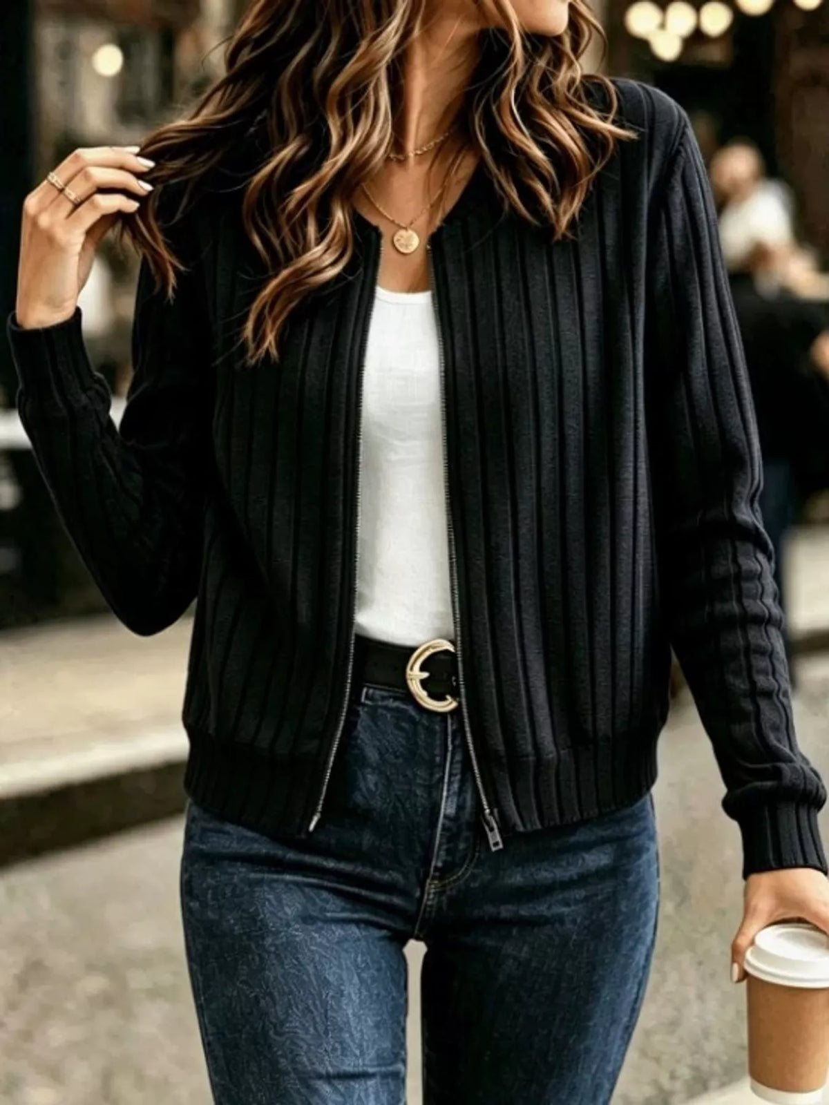 ribbed knit zip-up bomber jacket – zipper,ribbed fit | dropsona - neutral - usage example