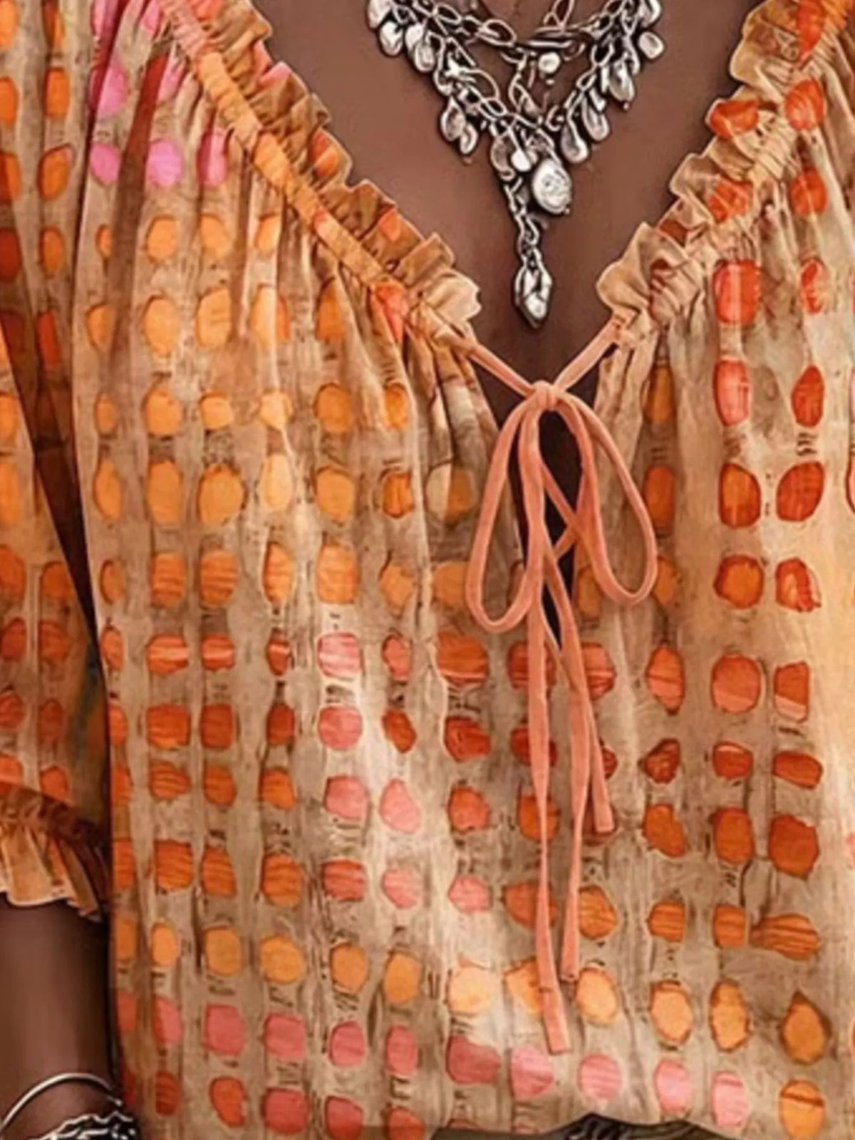full size tie neck 3/4 sleeve blouse plus | dropsona - neutral - front view