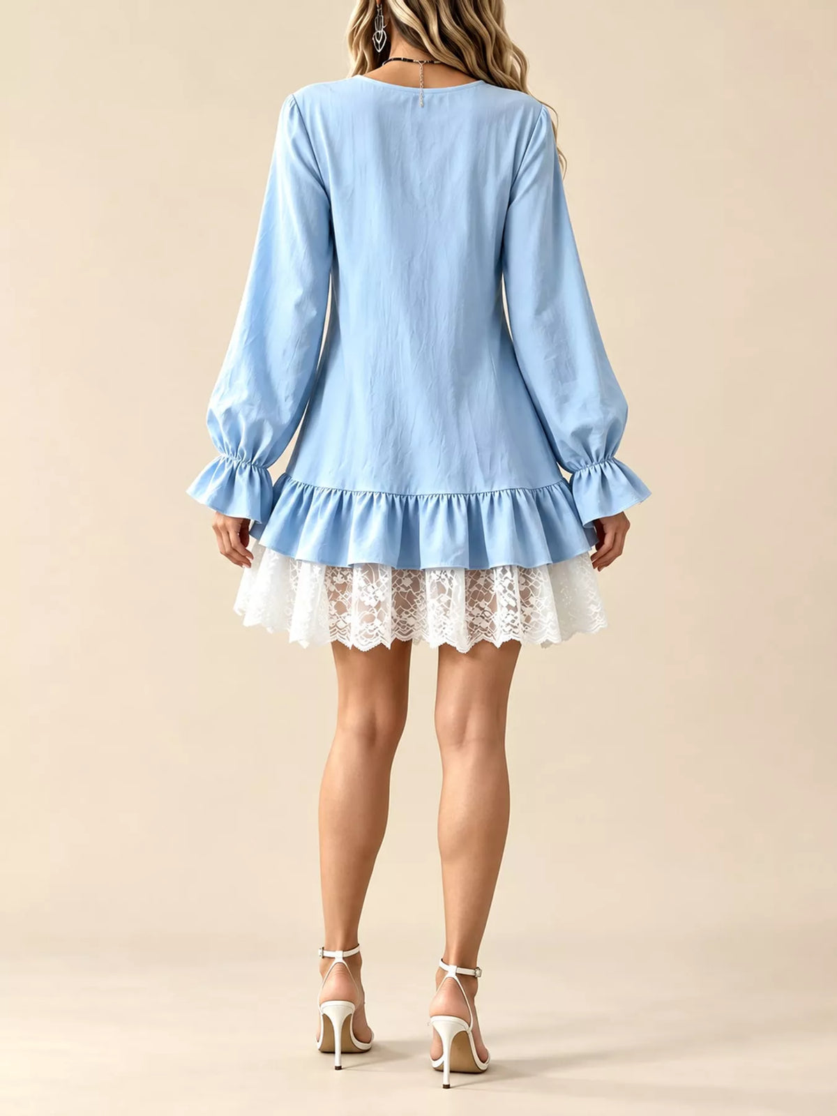 lace hem v-neck flounce sleeve dress | dropsona - neutral - material texture