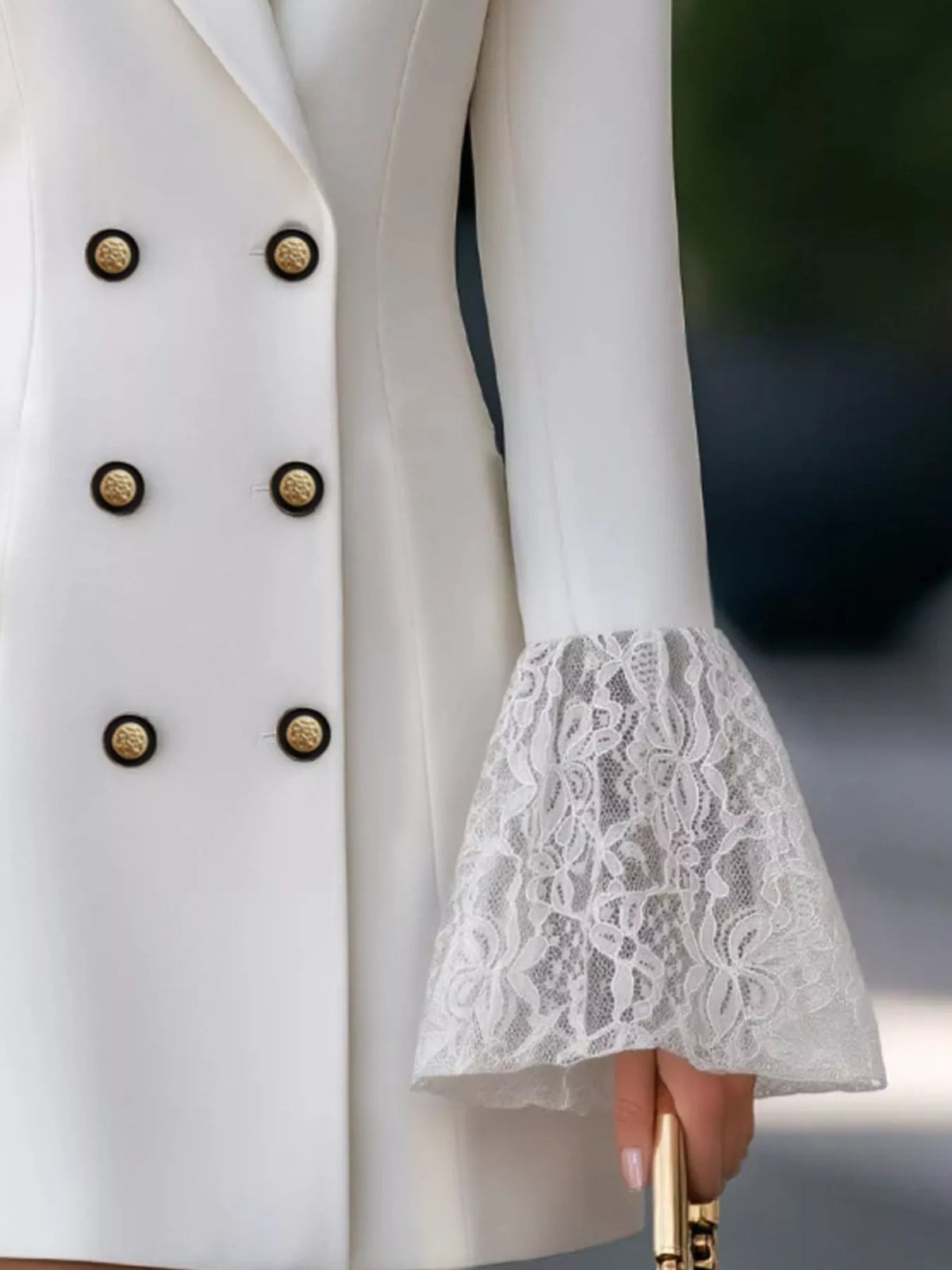 double-breasted blazer dress with lace flare cuffs | dropsona - neutral - usage example