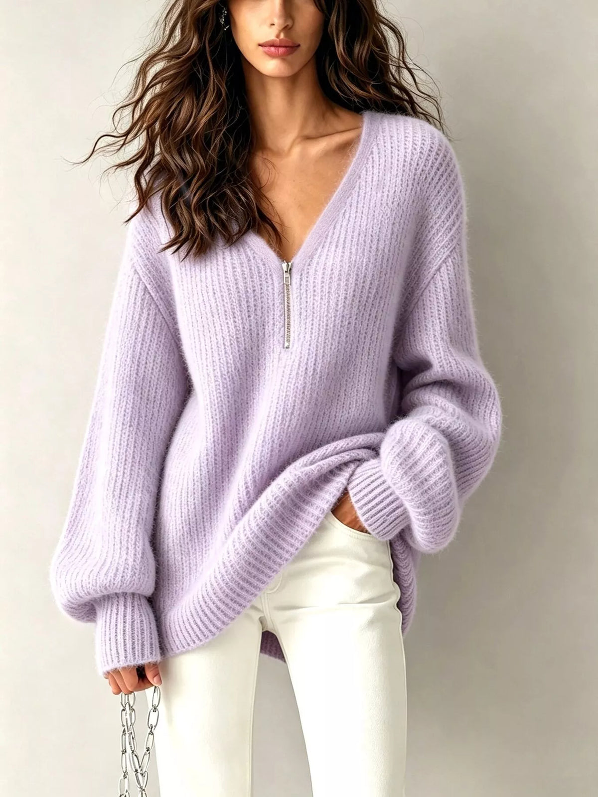 quarter zip dropped shoulder sweater – zipper | dropsona - neutral - packaging