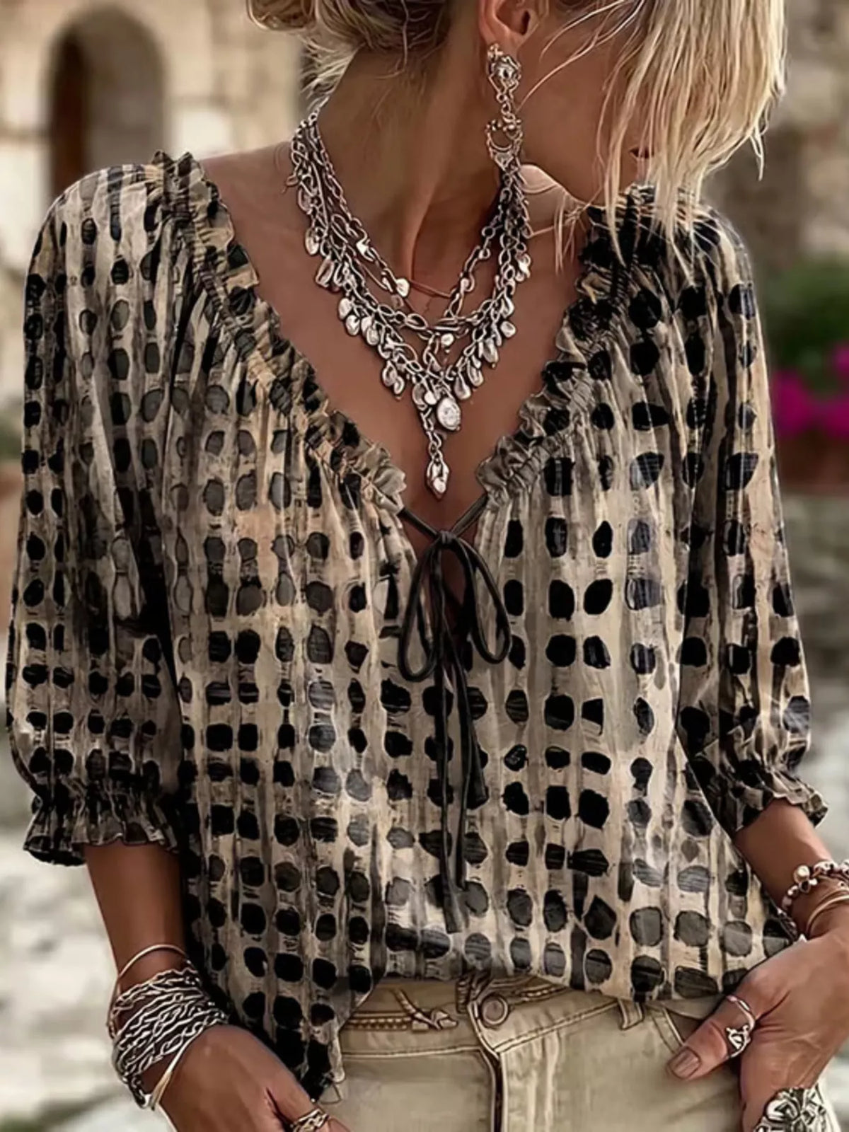 full size tie neck 3/4 sleeve blouse plus | dropsona - neutral - size reference