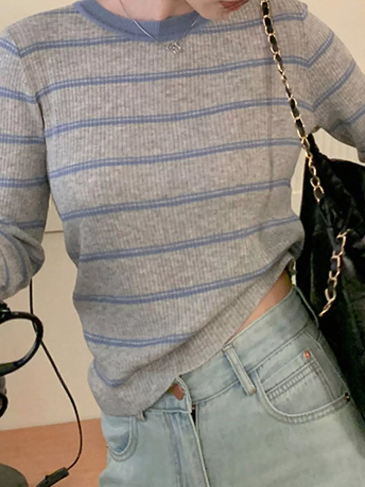 striped round neck ribbed knit top | dropsona - neutral - close-up detail