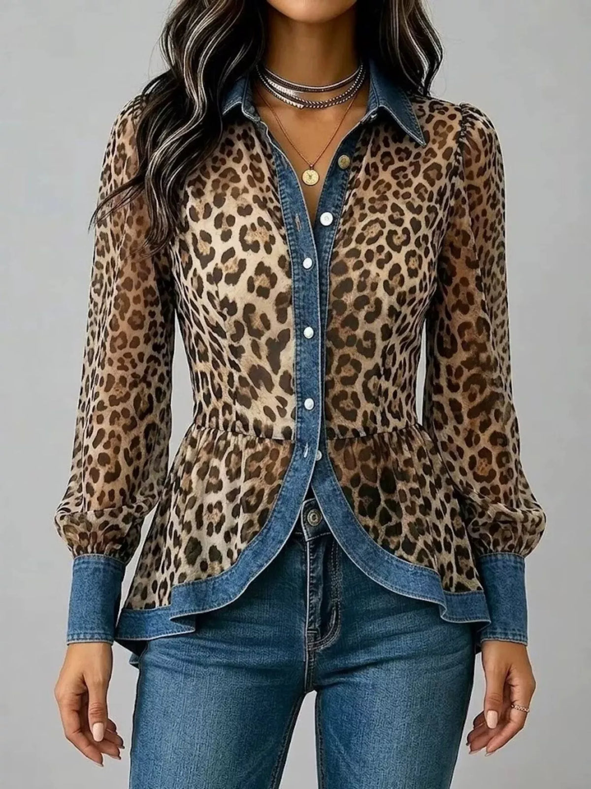 full size leopard print blouse with denim contrast | dropsona - neutral - everyday use