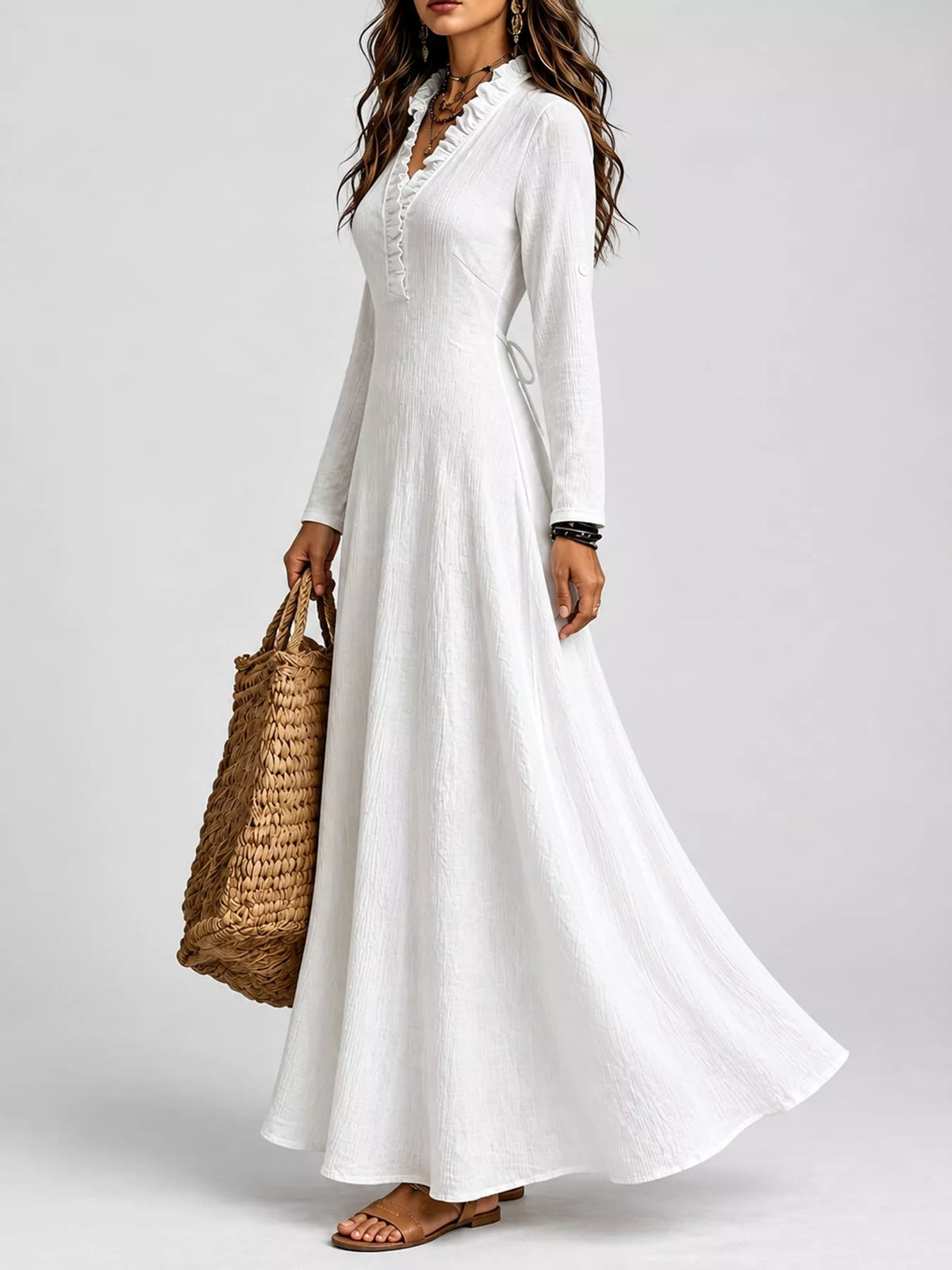 full size frill roll-up sleeve maxi dress plus | dropsona - neutral - close-up detail