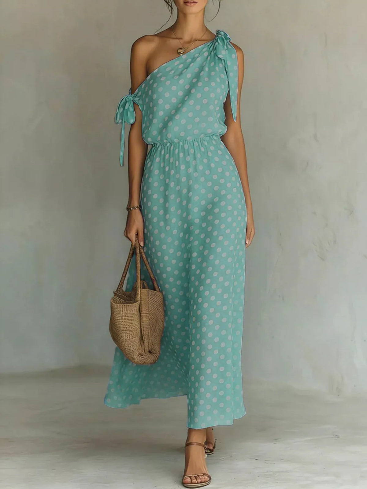 full size polka dot one-shoulder maxi dress plus | dropsona - neutral - usage example