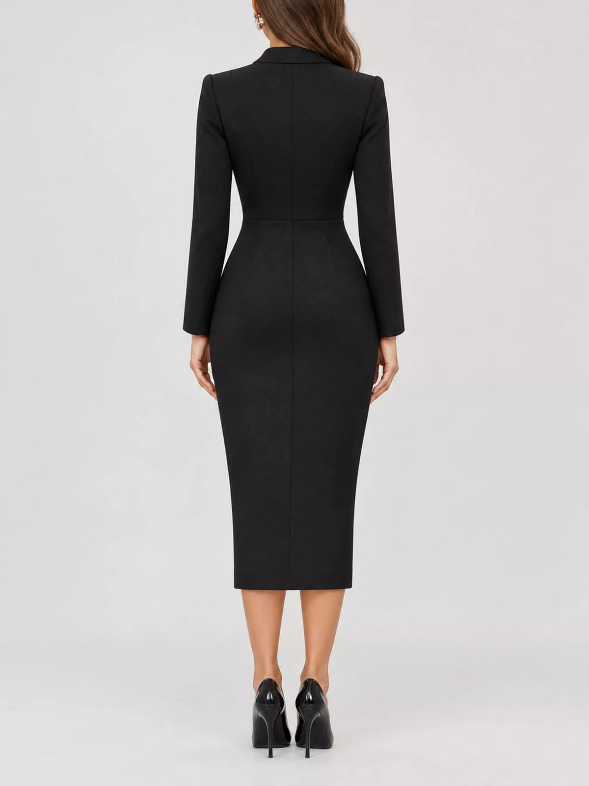 full size elegant single-breasted blazer midi dress | dropsona - neutral - close-up detail