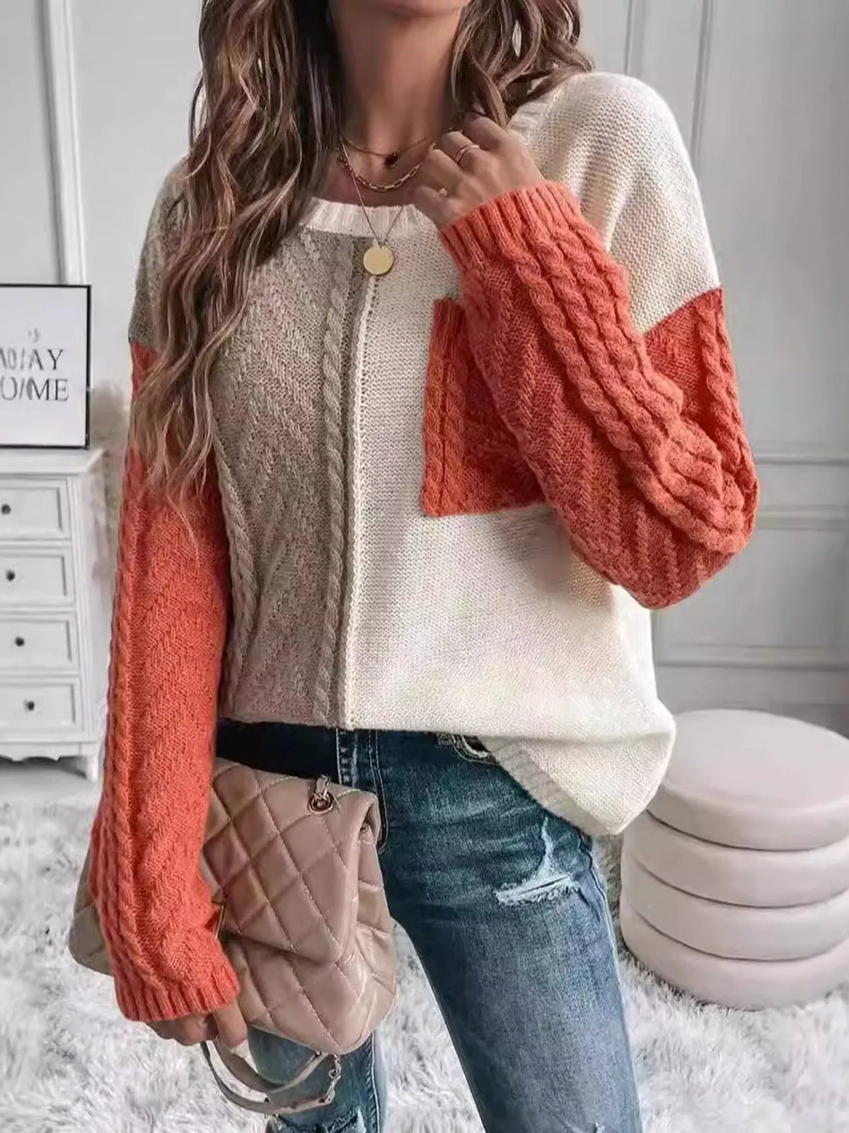 color block cable knit sweater – cable-knit fit | dropsona - neutral - front view