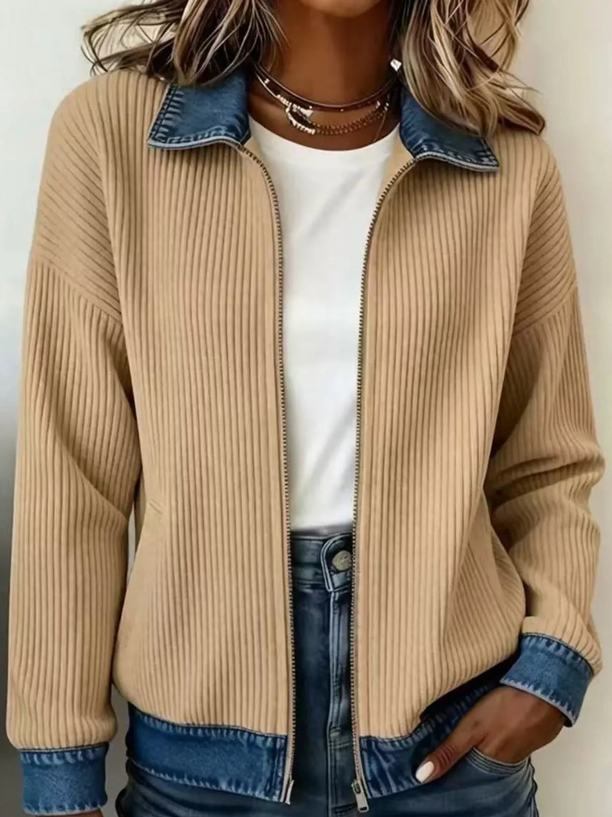full size denim-collar ribbed knit zip-up jacket plus | dropsona - neutral - front view