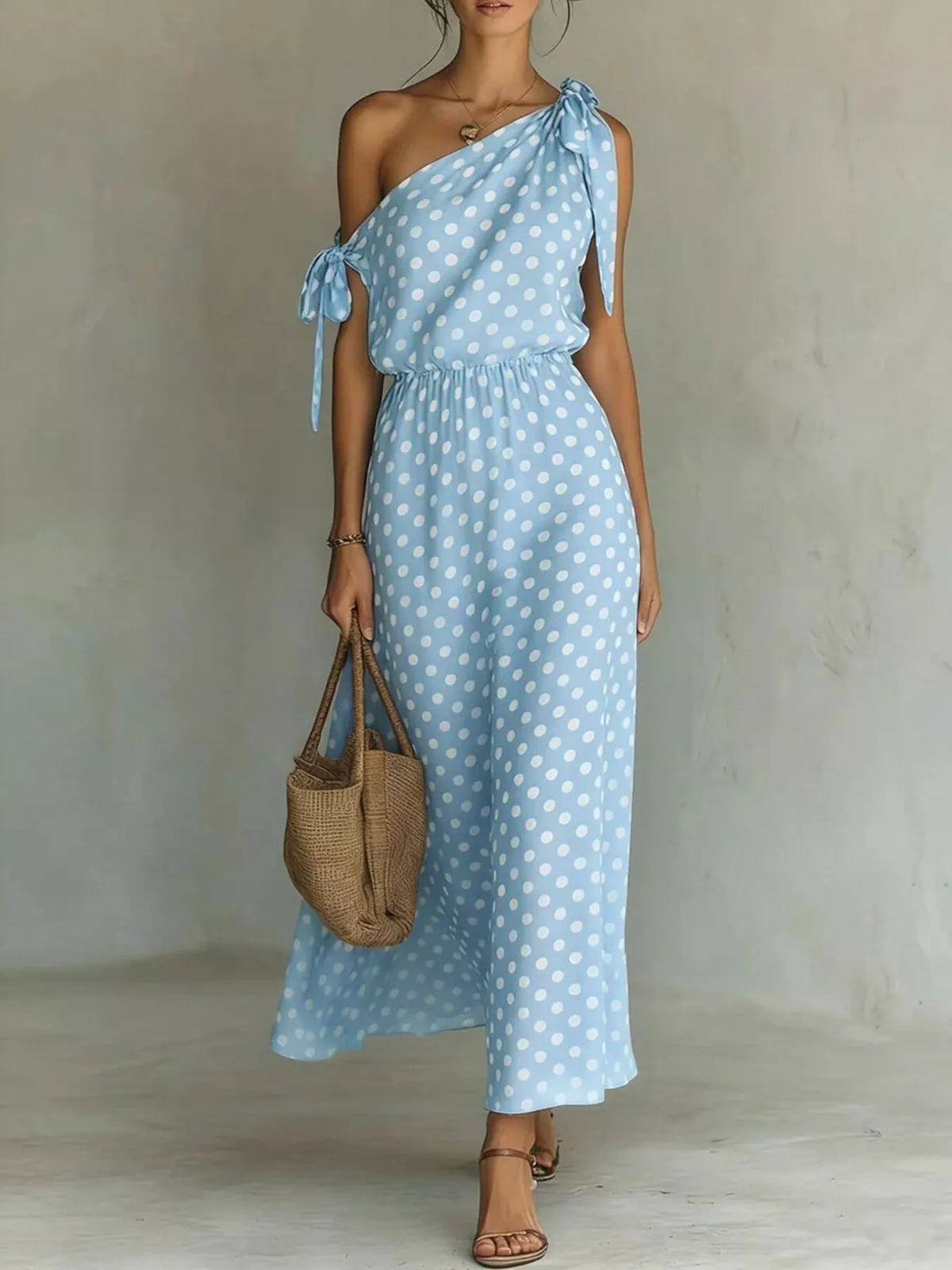 full size polka dot one-shoulder maxi dress plus | dropsona - neutral - close-up detail