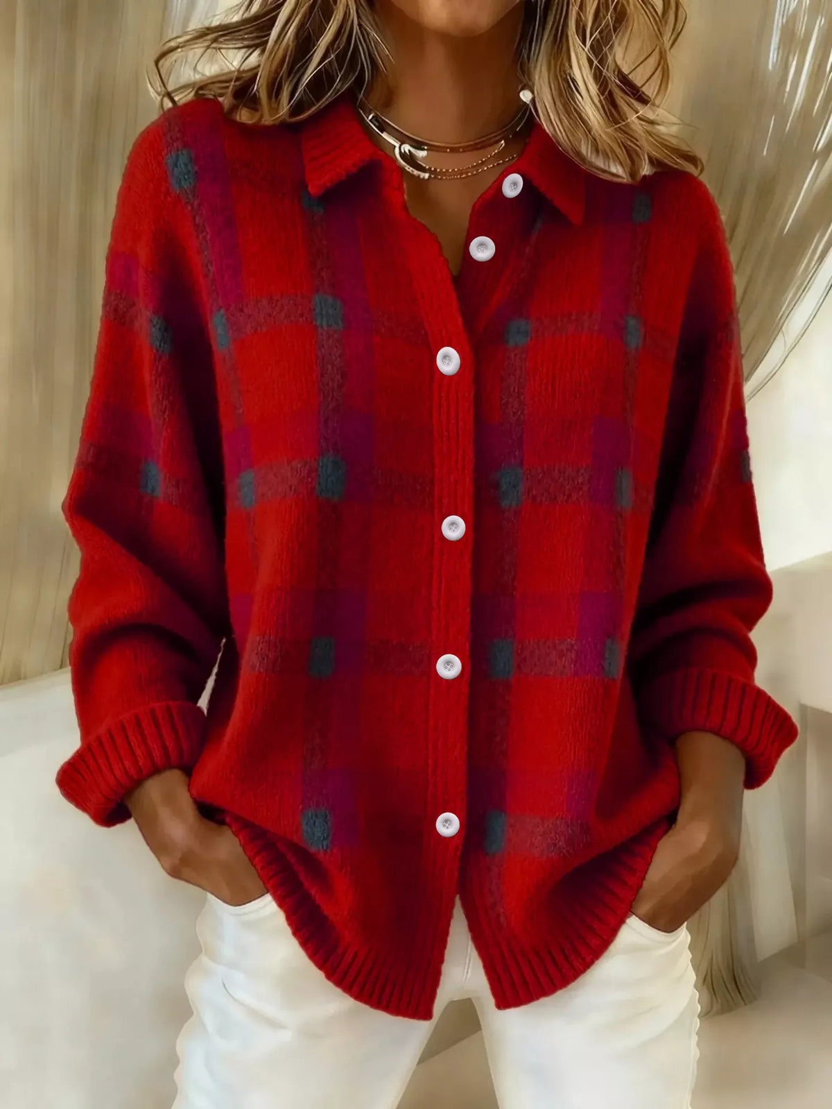 plaid button-up cardigan – buttoned | dropsona - neutral - usage example
