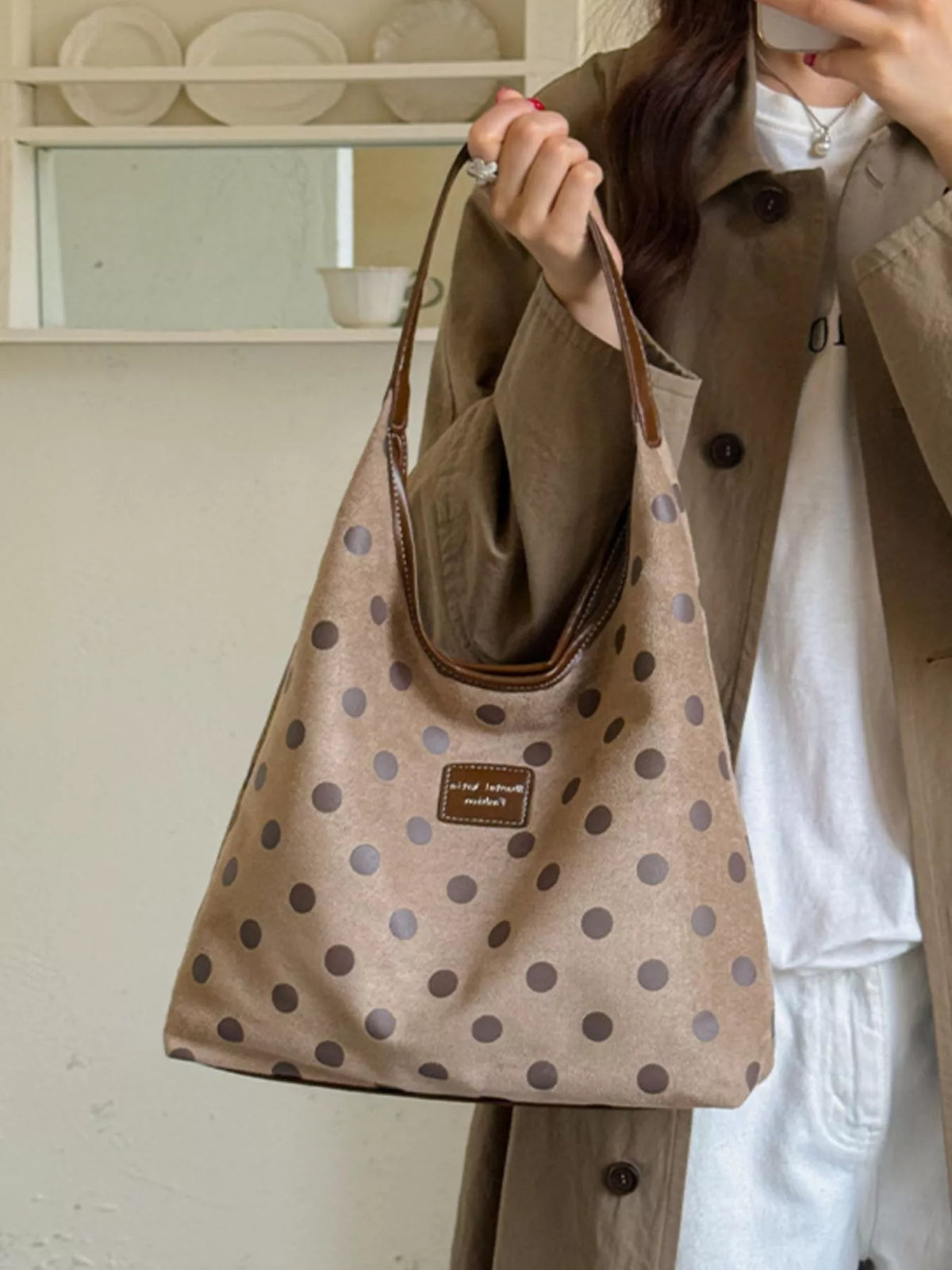 vintage polka dot suede shoulder bag – stylish sling | dropsona - neutral - size reference