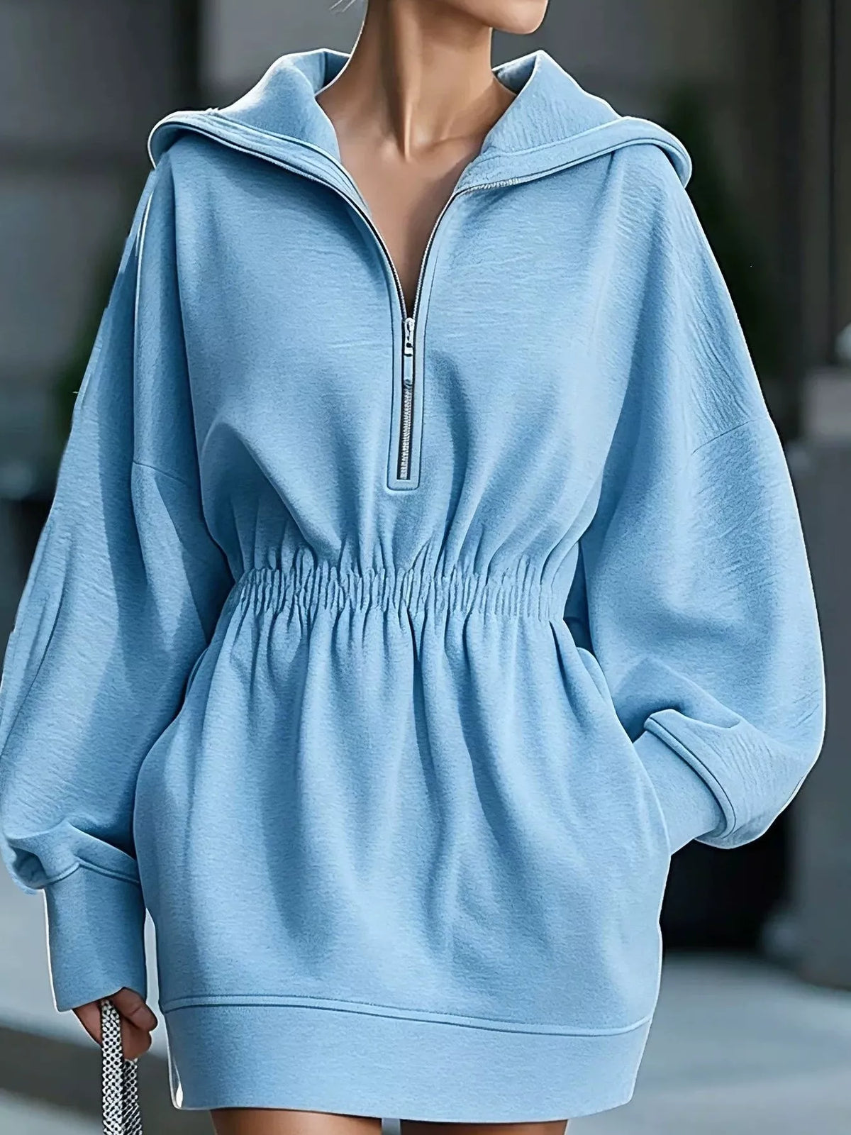 casual hooded quarter-zip sweatshirt dress | dropsona - neutral - material texture