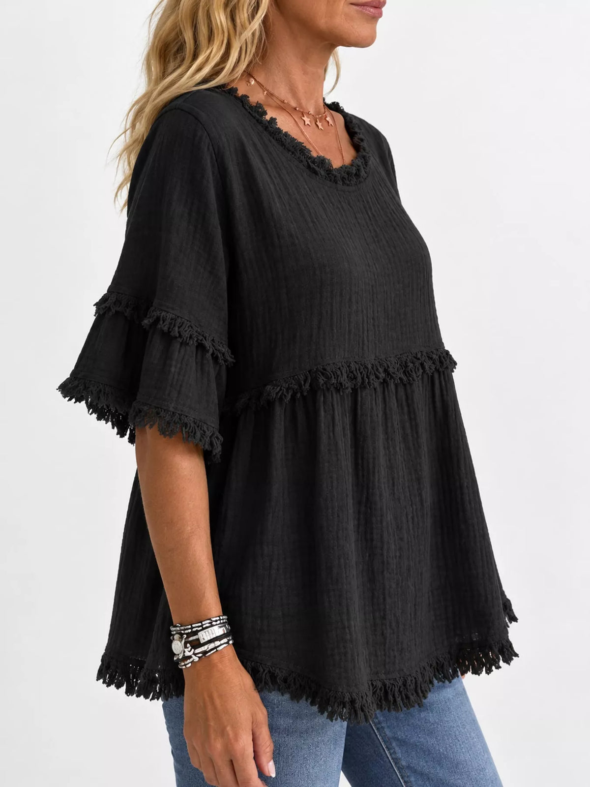 full size frayed edge textured blouse plus | dropsona - neutral - front view