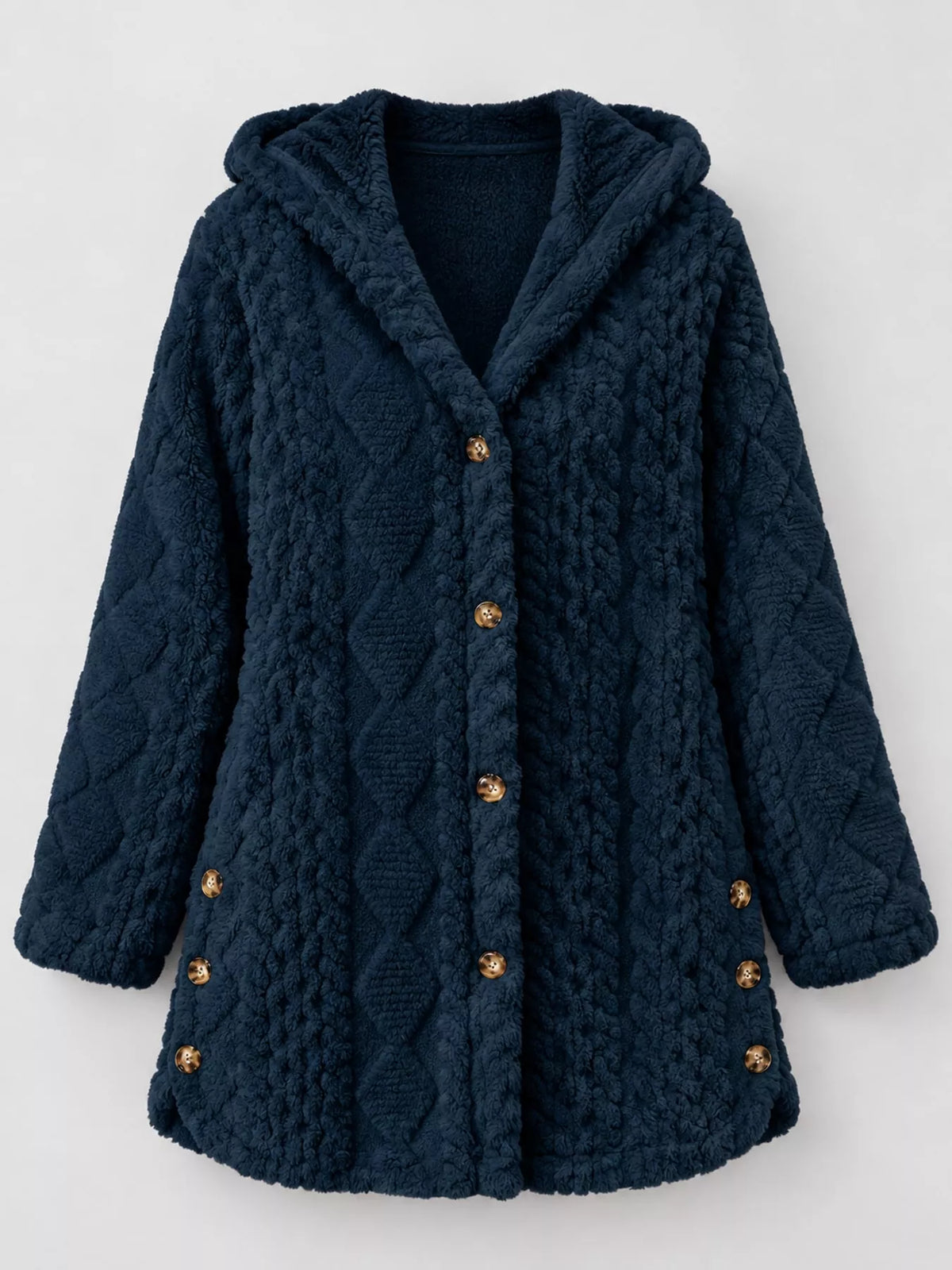 full size cozy cable-knit faux fur hooded outerwear | dropsona - neutral - close-up detail