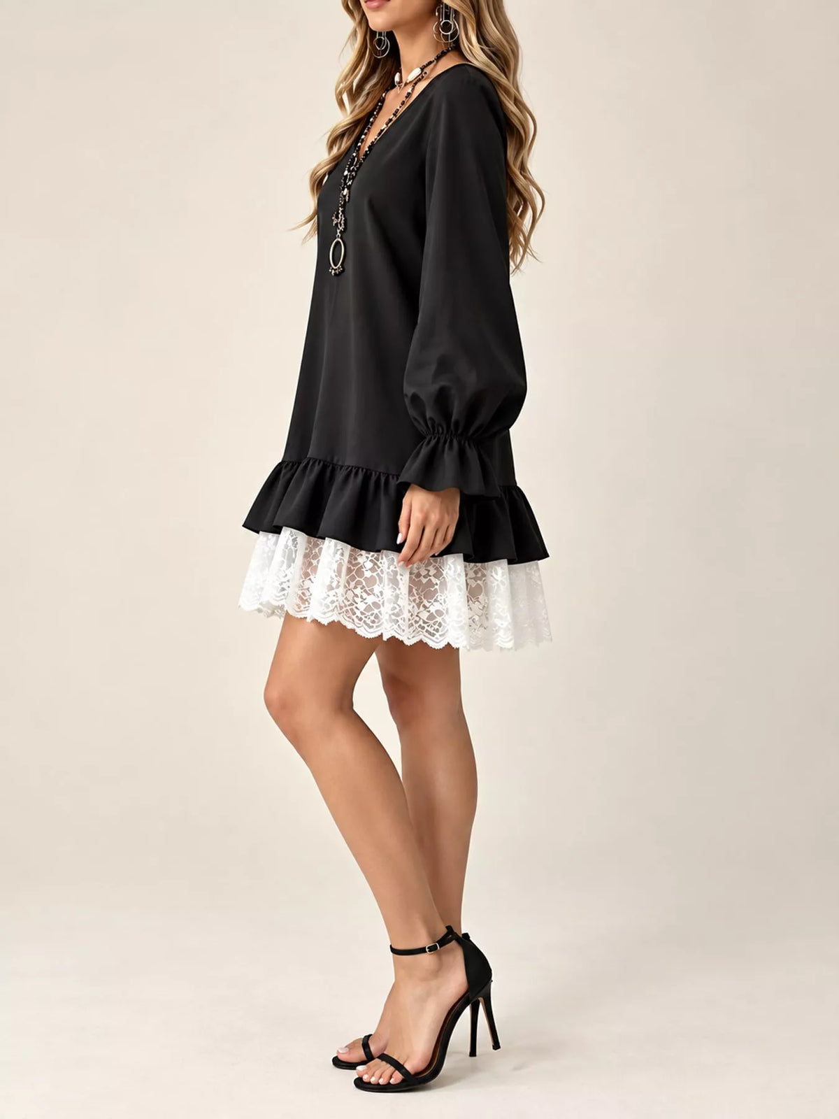 lace hem v-neck flounce sleeve dress | dropsona - neutral - material texture