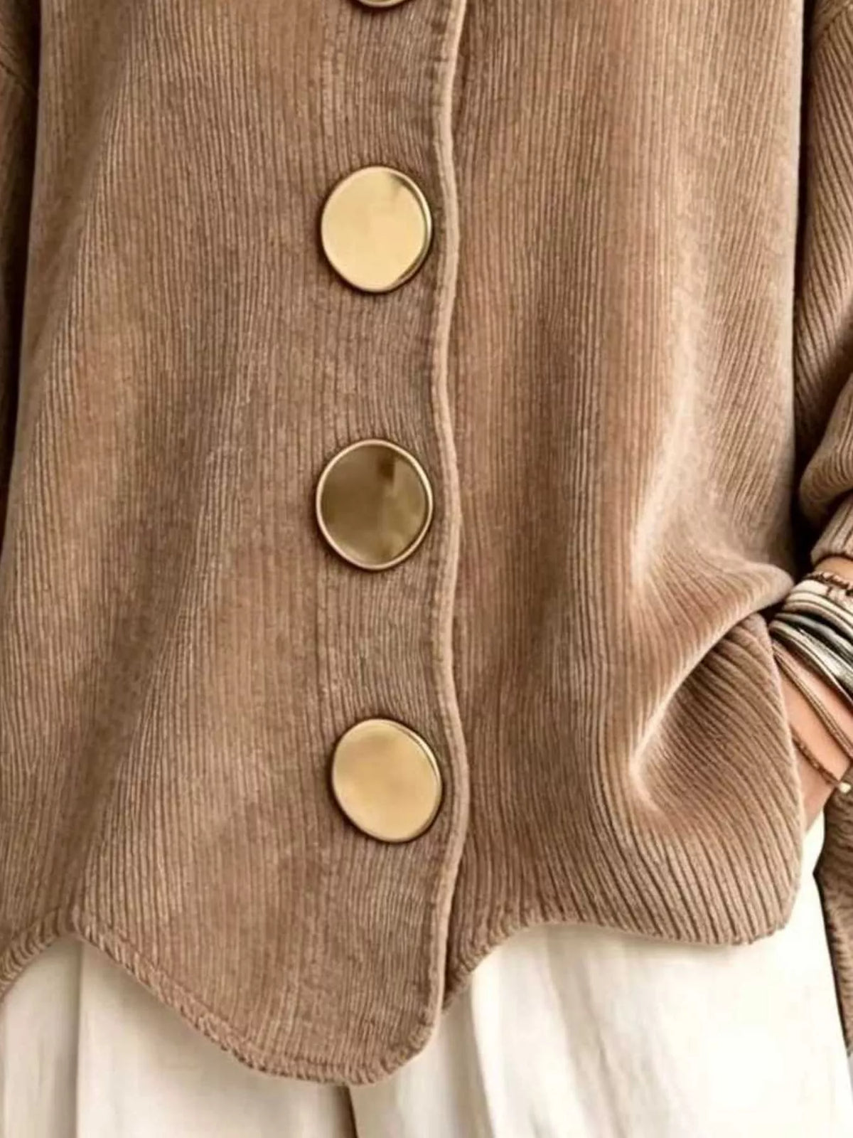 full size ribbed knit gold buttons cardigan plus | dropsona - neutral - close-up detail