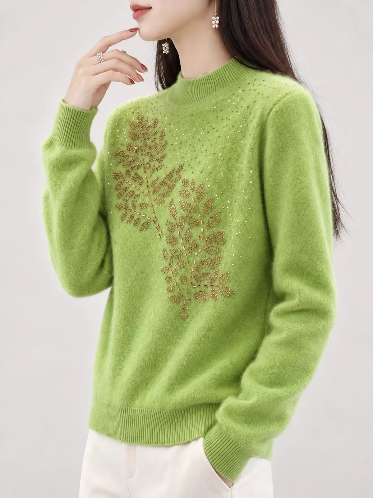 rhinestone leaf mock neck sweater | dropsona polyester - neutral - size reference