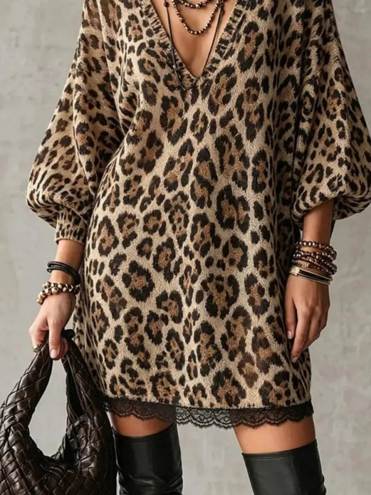 leopard print v-neck dress with lace hem – detail | dropsona - neutral - close-up detail