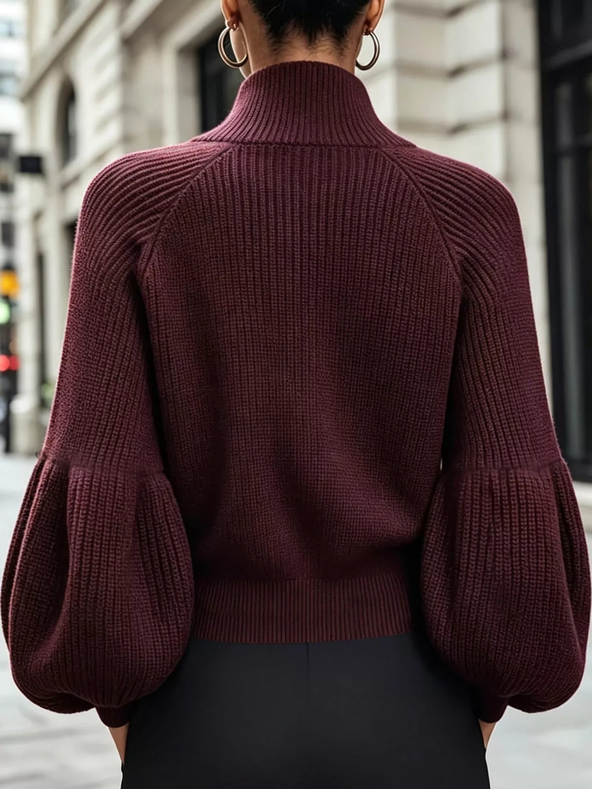 ribbed knit zip-up cardigan with lantern sleeves | dropsona - neutral - close-up detail