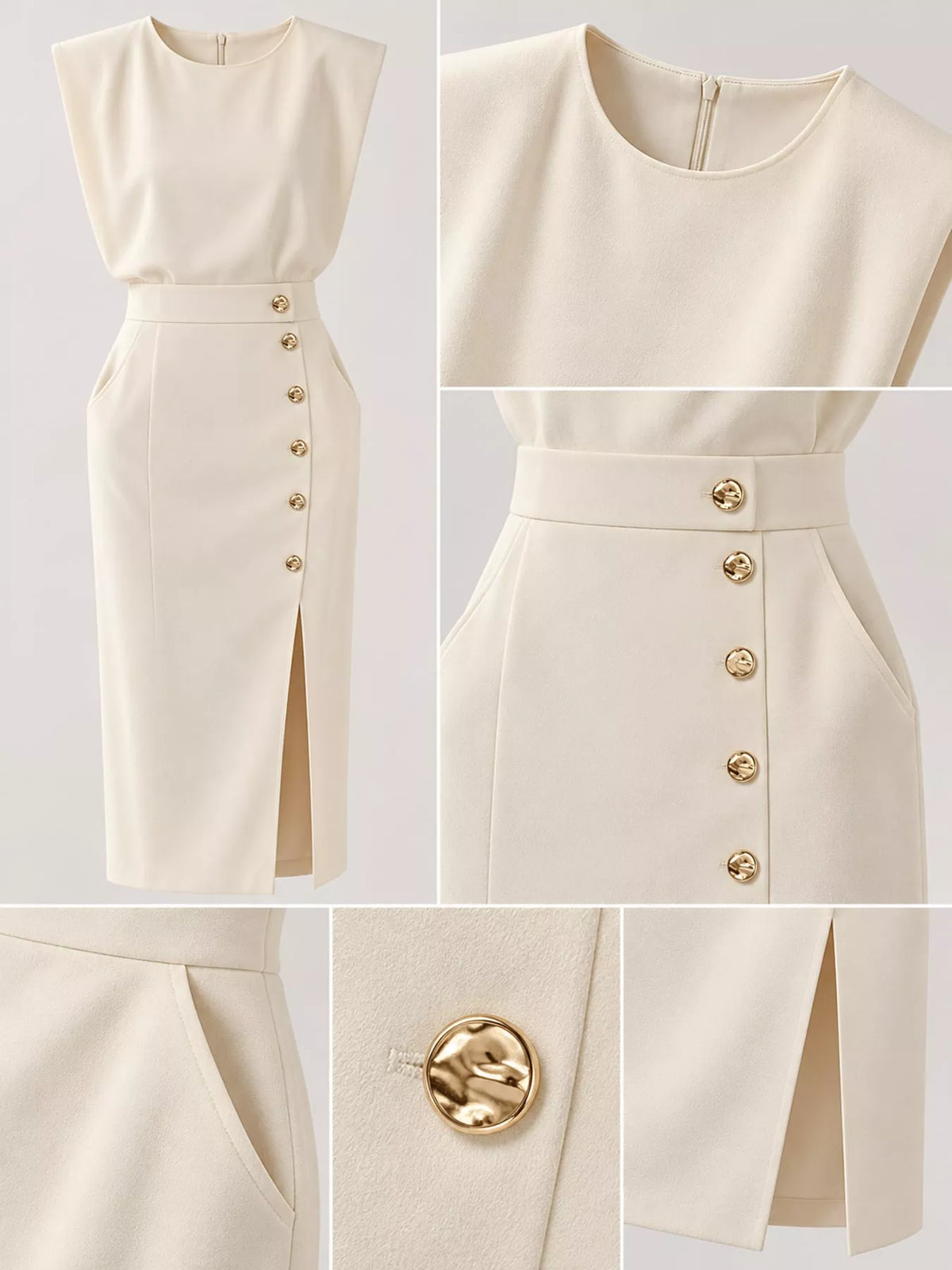 sleeveless midi dress with gold button detail and | dropsona - neutral - packaging