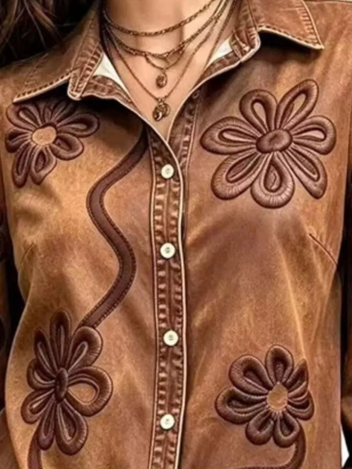 full size denim lock floral embroidered shirt plus | dropsona - neutral - front view