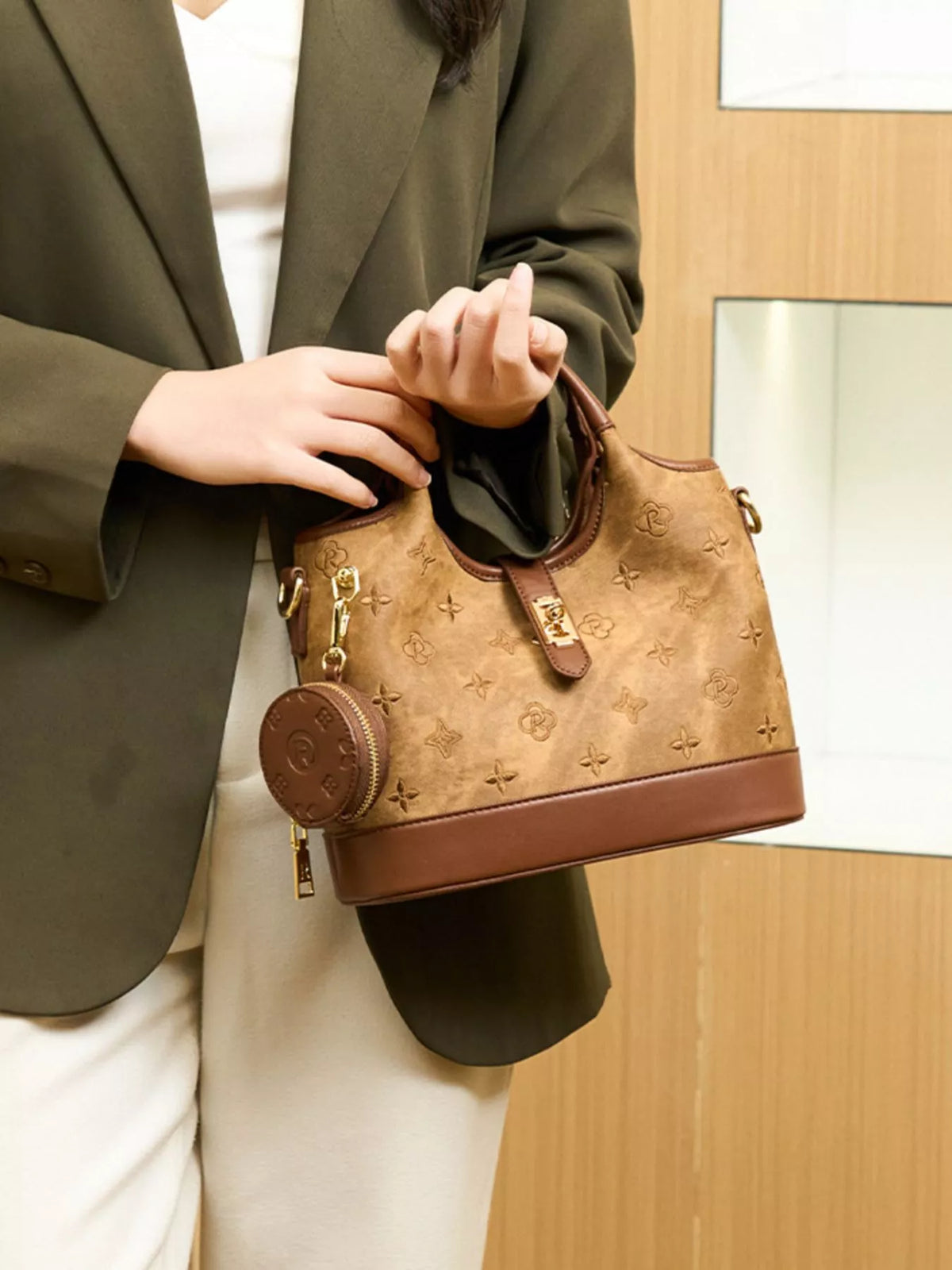 embossed crossbody bag with detachable coin pouch | dropsona - neutral - front view