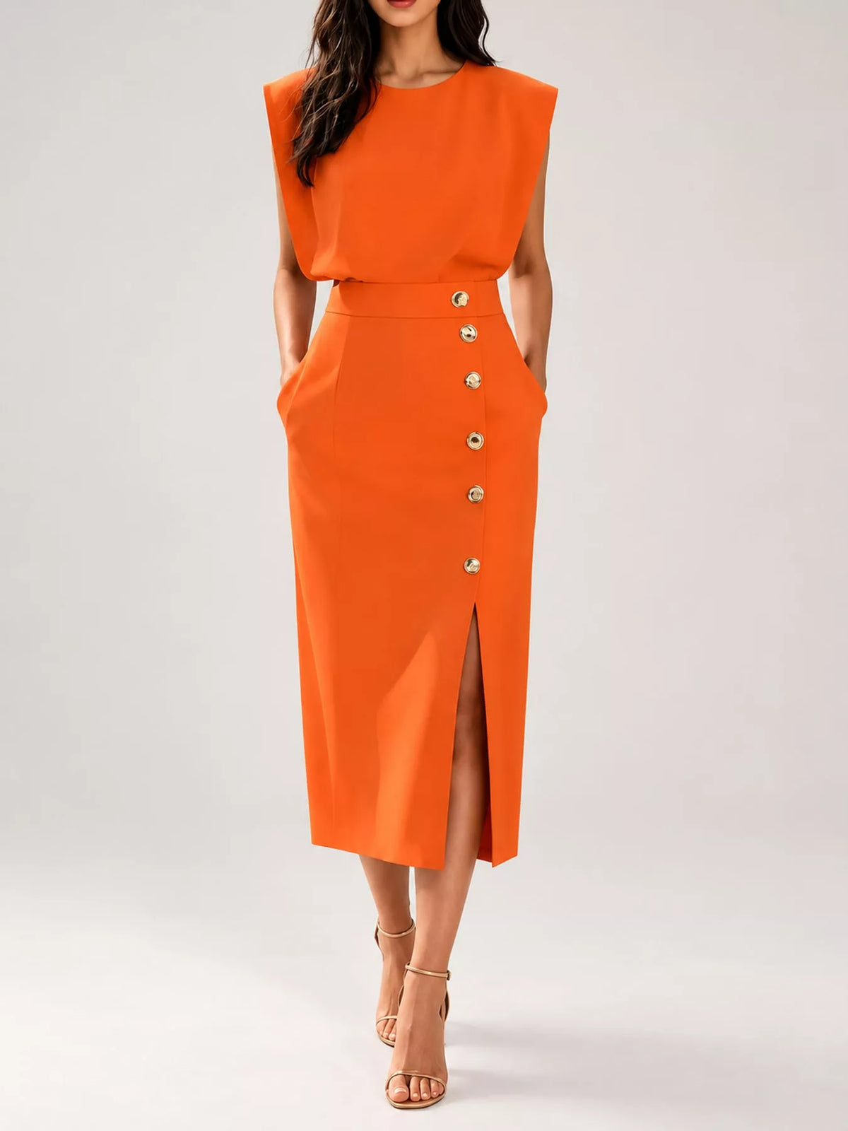sleeveless midi dress with gold button detail and | dropsona - neutral - usage example