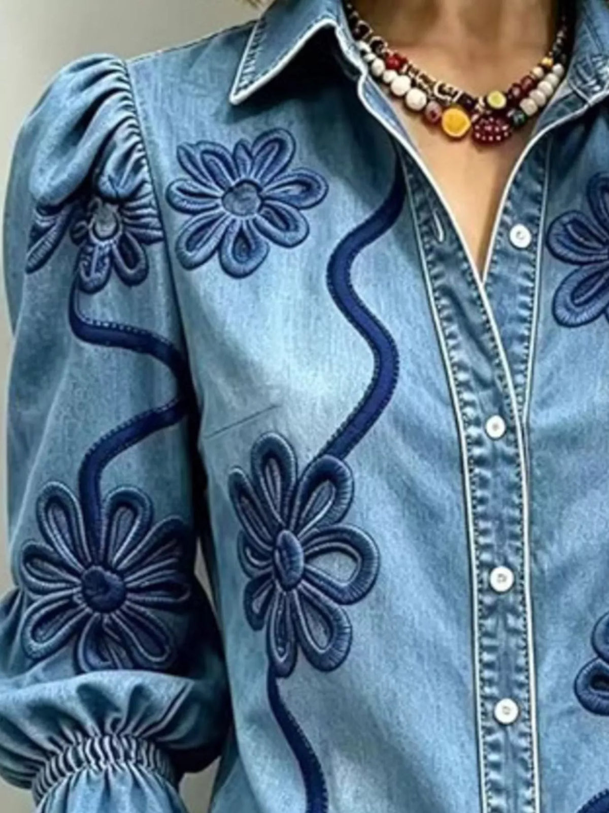 full size denim lock floral embroidered shirt plus | dropsona - neutral - material texture