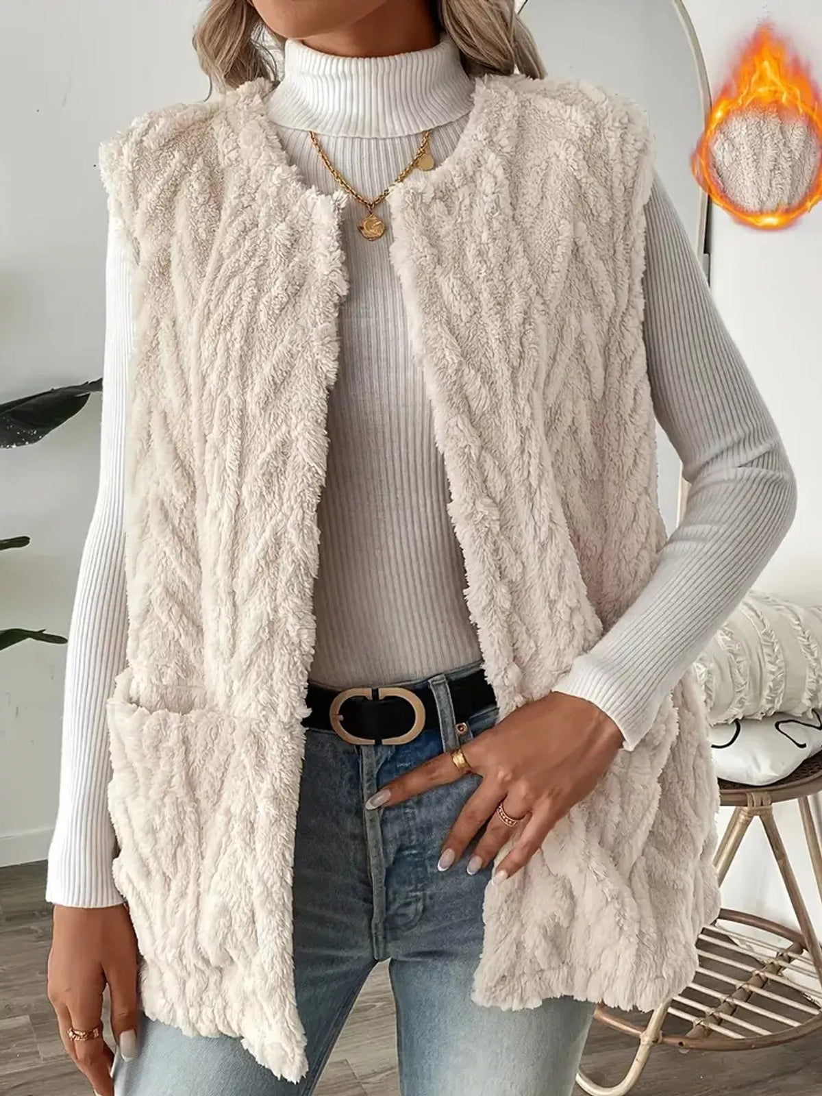 sherpa open front vest coat – pocketed,thermal closure | dropsona - neutral - front view