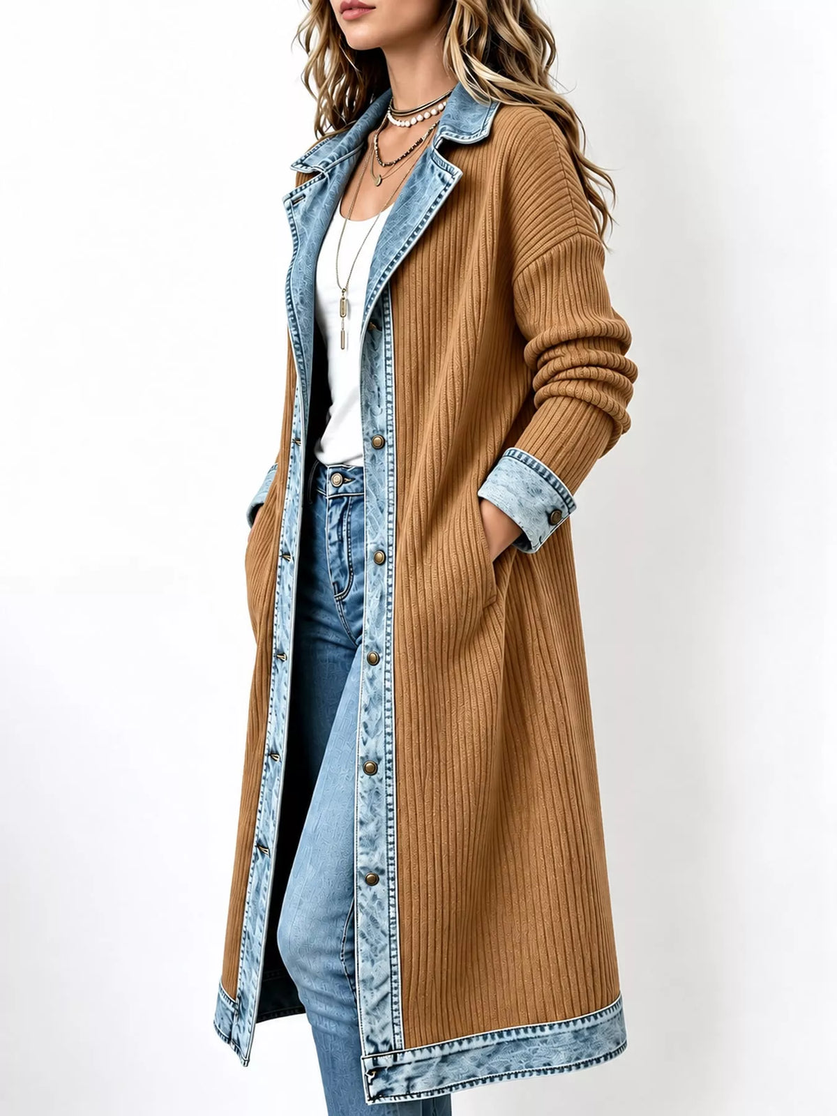 full size denim-trimmed ribbed knit longline cardigan | dropsona - neutral - usage example