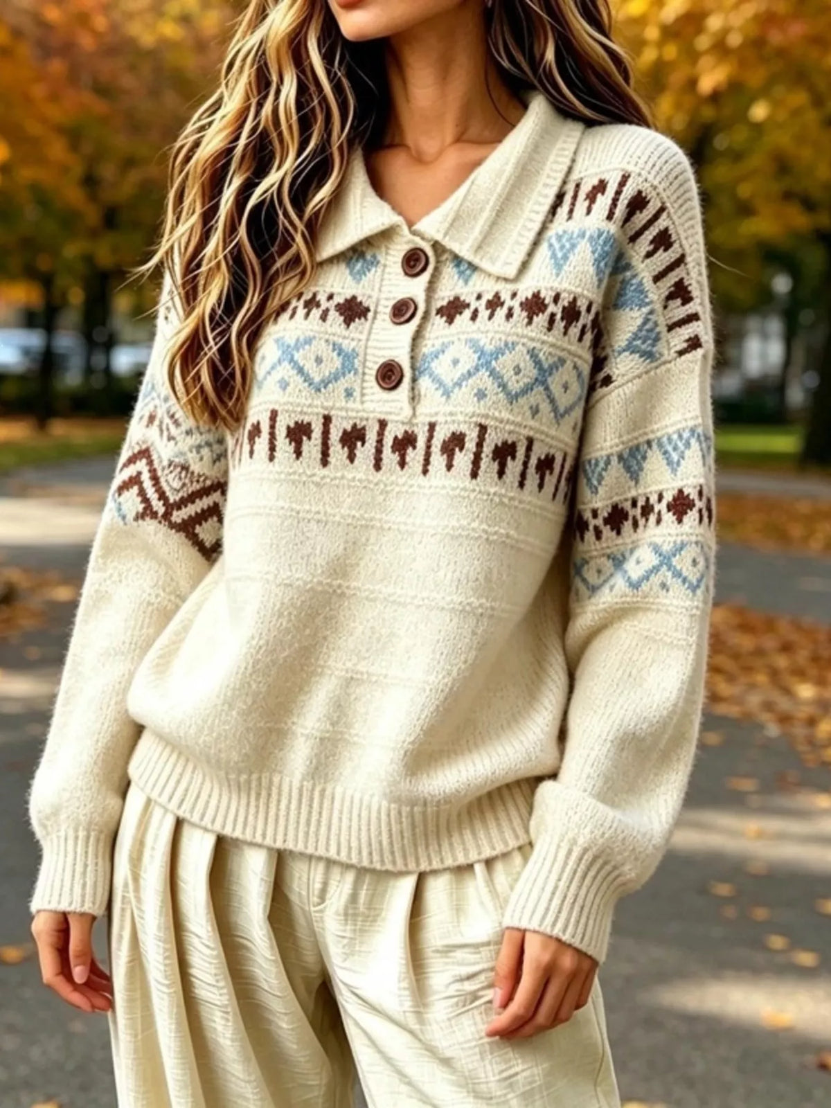 full size vintage fair isle pattern polo collar | dropsona - neutral - front view