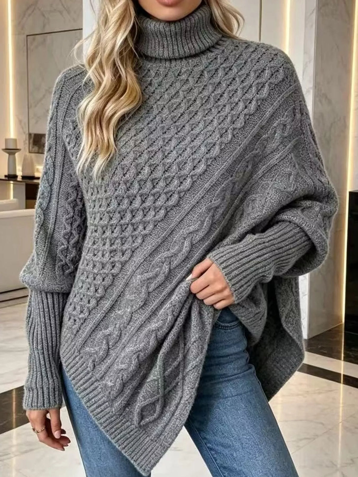turtleneck cable knit sweater | dropsona - neutral - close-up detail