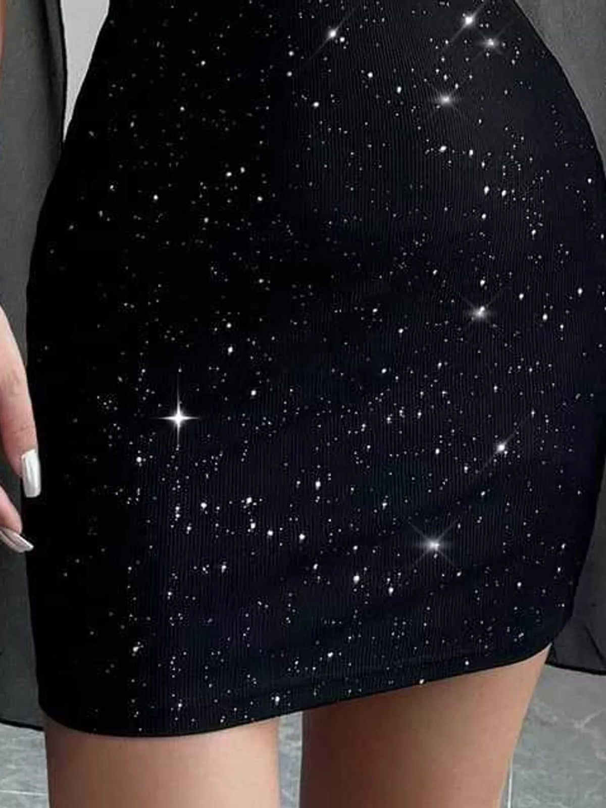 glitter mock neck cape-sleeve bodycon mini dress | dropsona - neutral - usage example