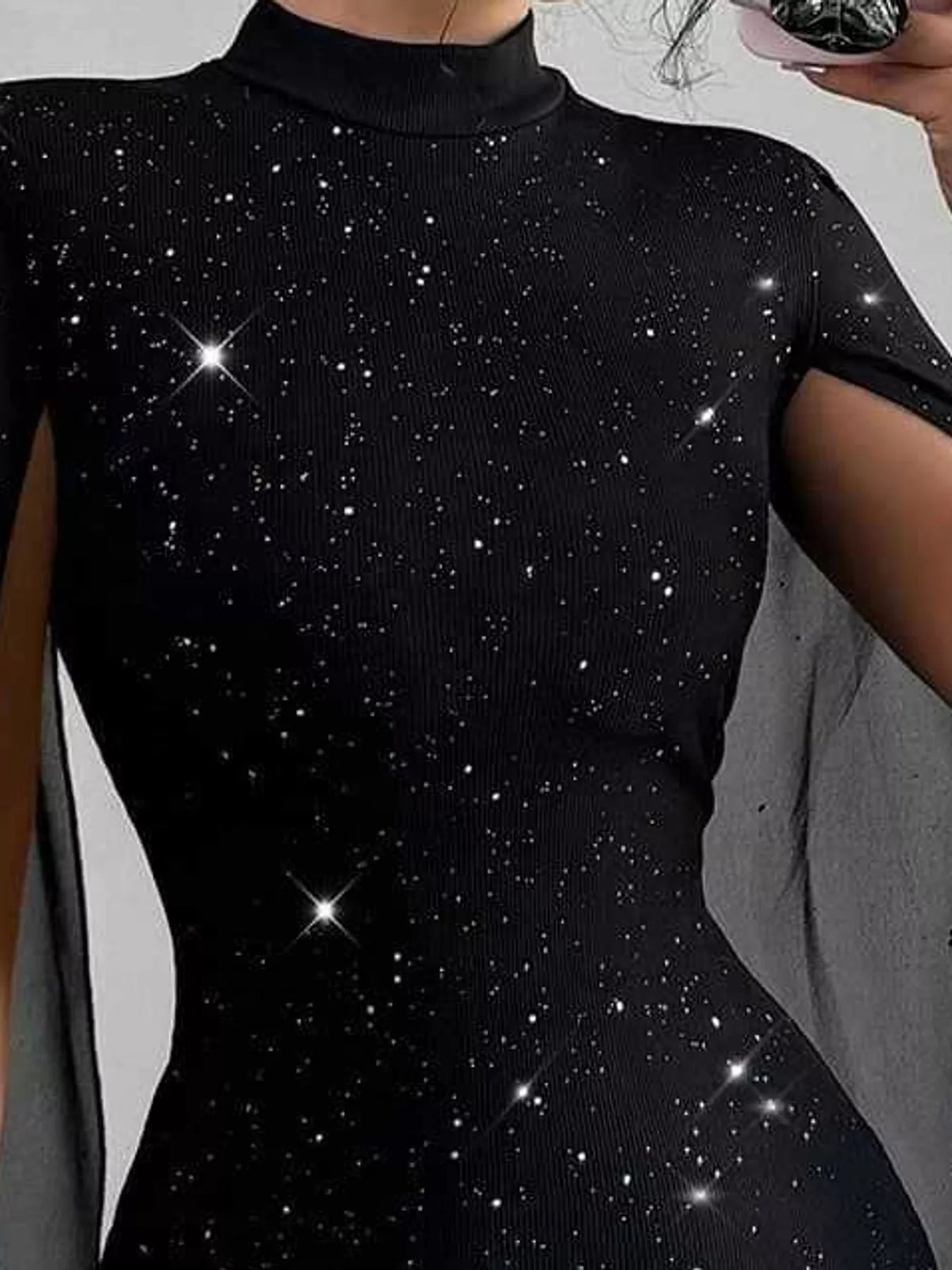 glitter mock neck cape-sleeve bodycon mini dress | dropsona - neutral - size reference