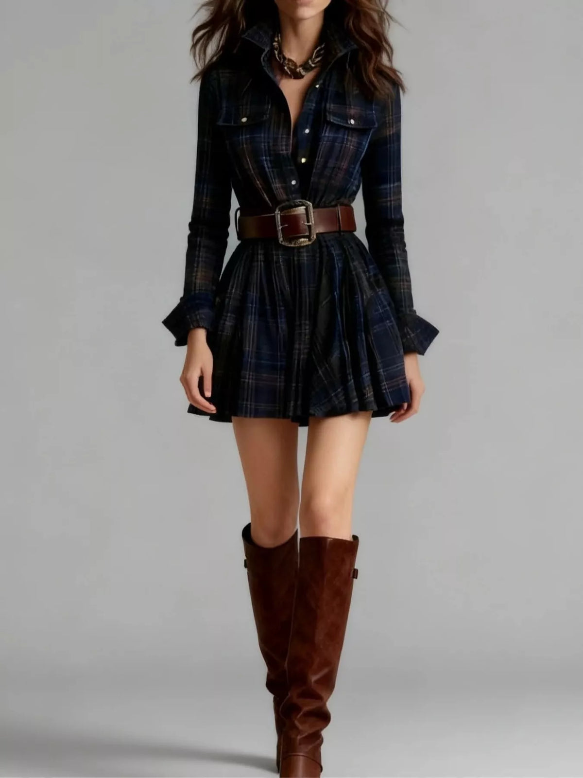 plaid long-sleeve shirt dress | dropsona - neutral - usage example